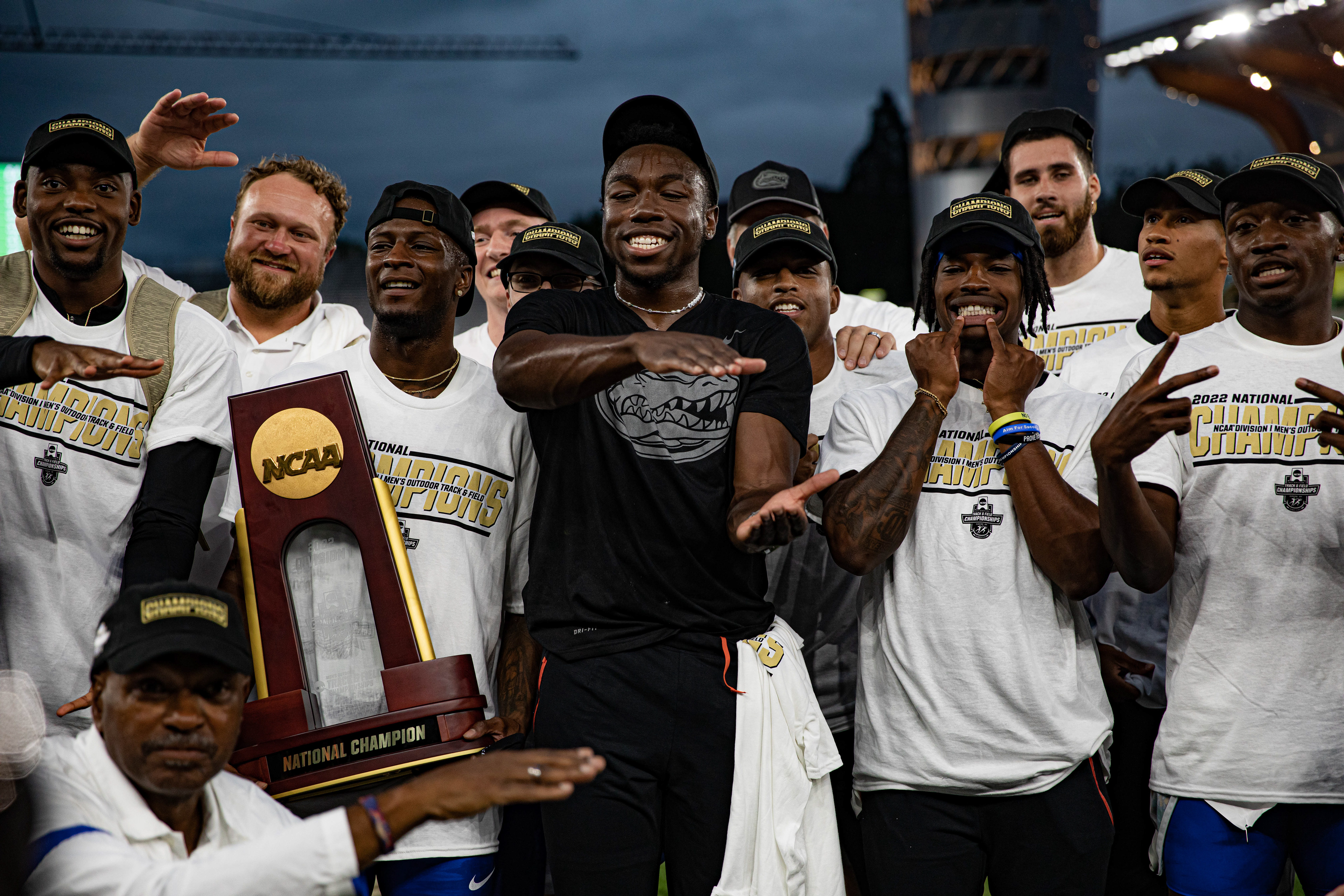 University of Florida athletes celebrate their accomplishment of becoming the 2022 NCAA Mens Track & Field National Champions. University of Florida Gators mens track team take home the national championship on the third day of the 2022 NCAA Track & Field Championships at Hayward Field in Eugene, Ore., on June 10th, 2022. (Maddie Stellingwerf/Emerald)