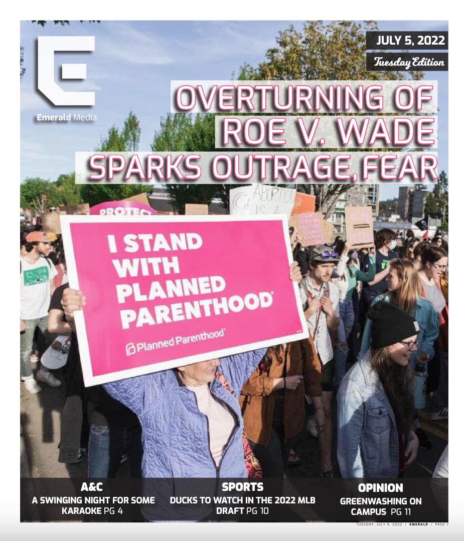 After the speakers wrapped up, protesters were encouraged to begin walking towards downtown. After a draft of a supreme court opinion would overturn Roe V. Wade was leaked the day prior, hundreds of protesters gathered on May 3, 2022 to march through downtown Eugene in protest. (Maddie Stellingwerf/Emerald)