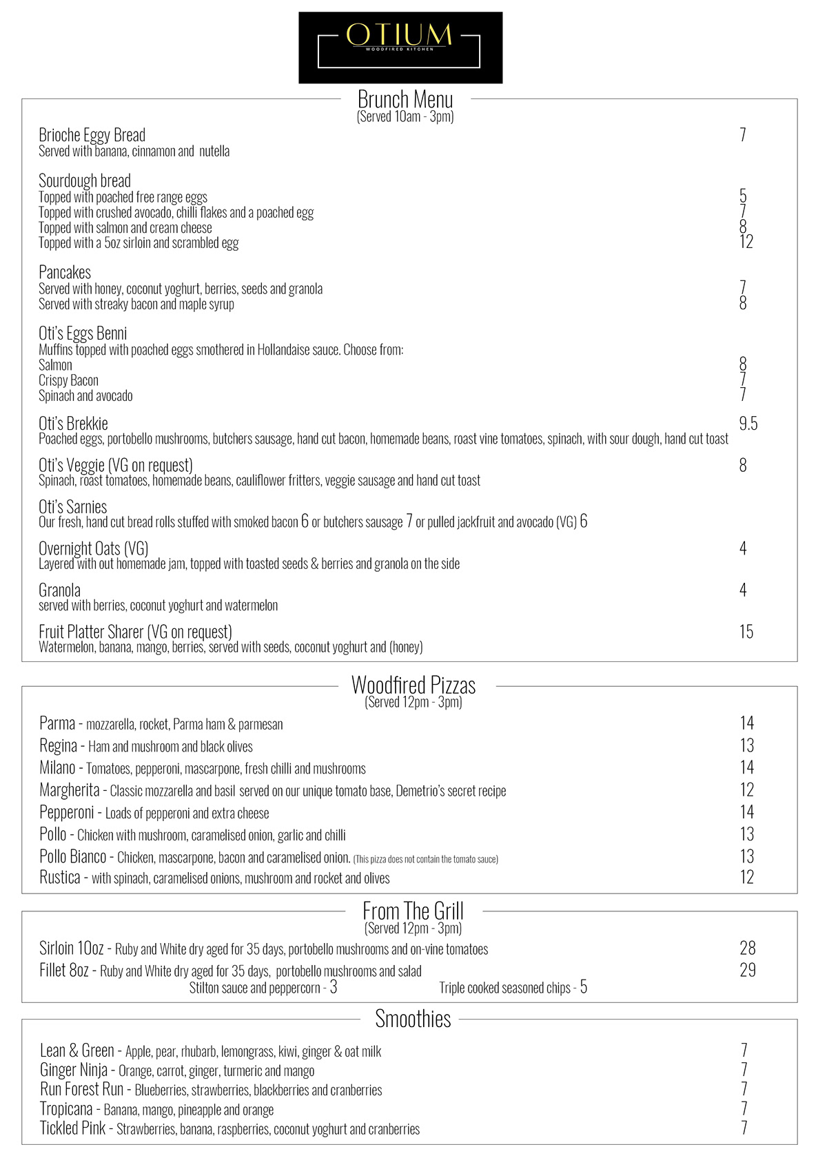 Otium Weston Super Mare - Menus