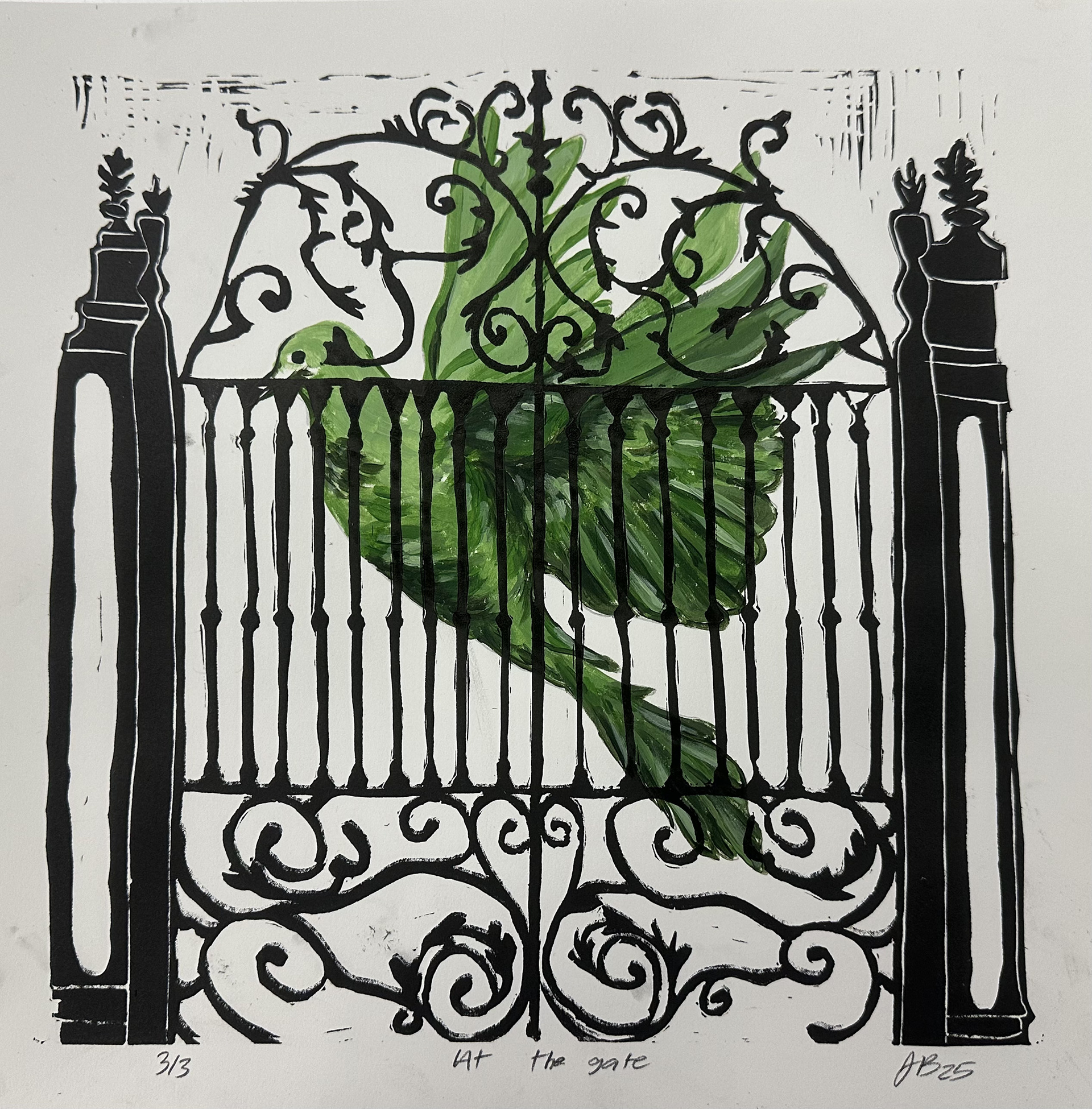 12 in x 12 in, "At The Gate" 1/3 Series, 2025, Linocut over Acrylic Paint