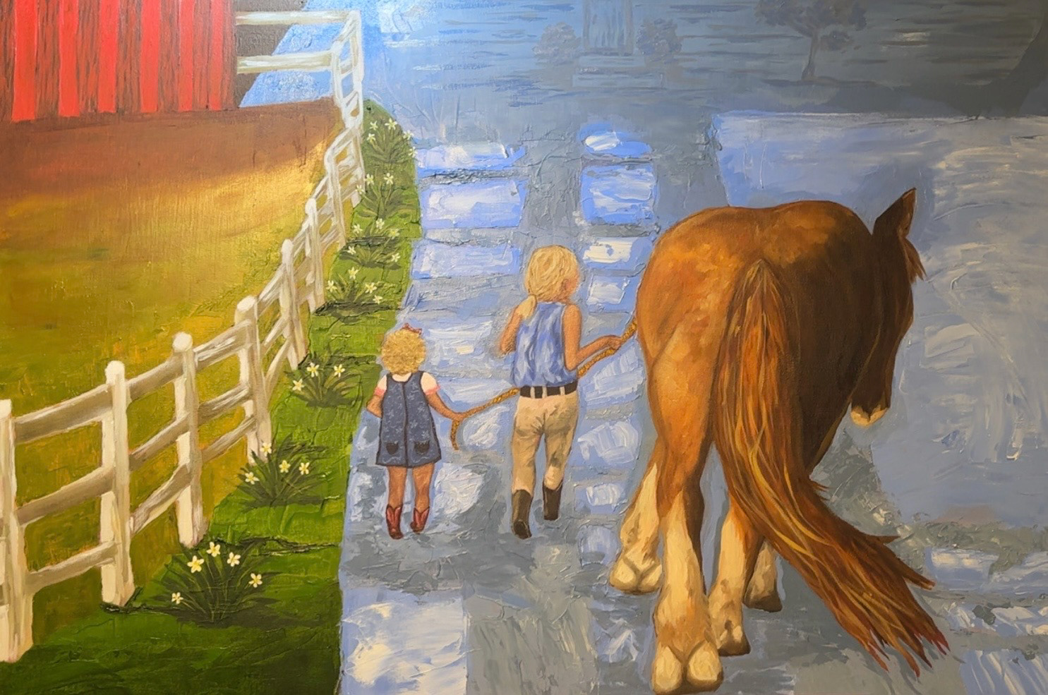 24inx36in, "Moira, Katie, and Macaroni the Pony", Commissioned 2026, Oil on Canvas