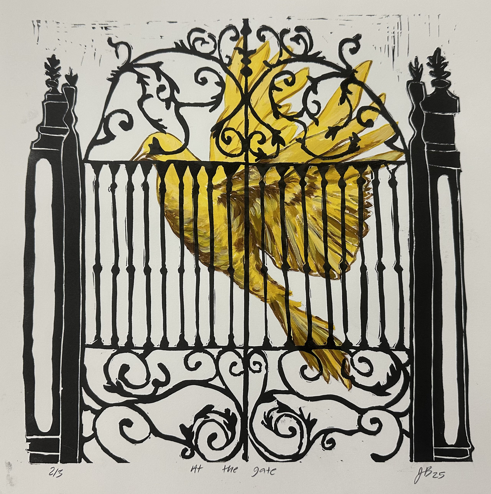 12 in x 12 in. "At the Gate" 2/3 Series, 2025, Linocut over Acrylic Paint