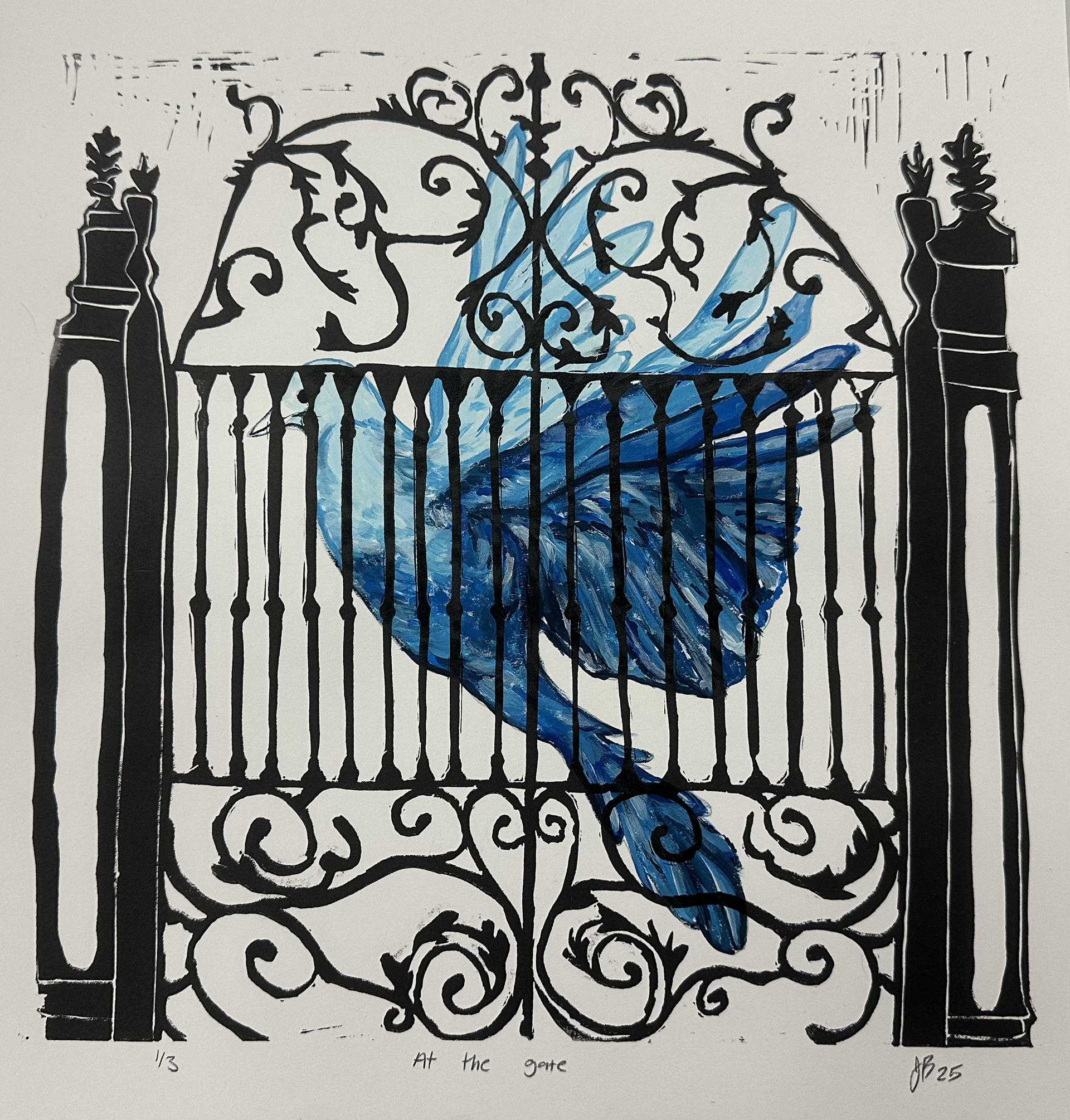 12 in x 12 in, "At the Gate" 3/3 Series, 2025, Linocut over Acrylic Paint