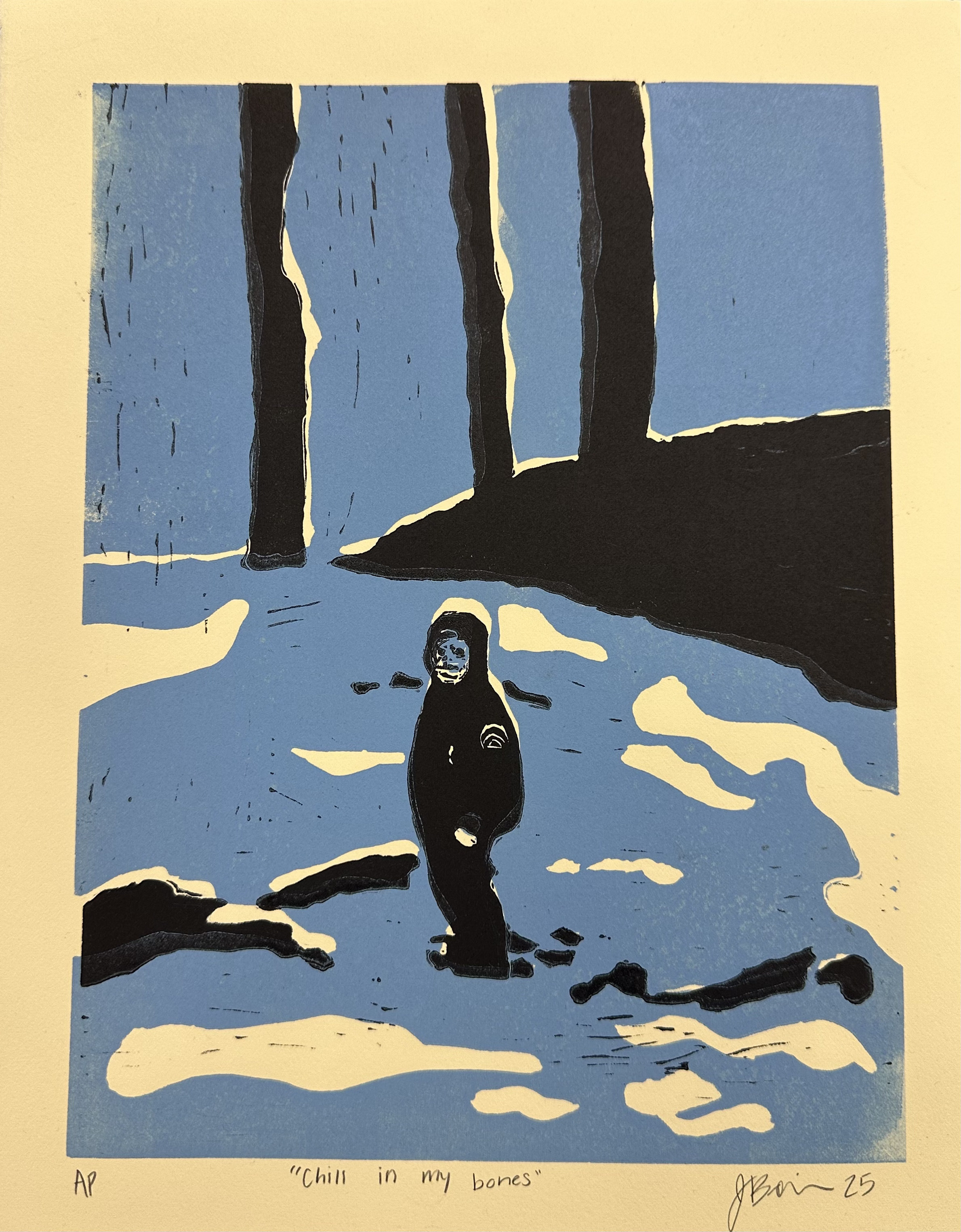 11 in x 12 in, "Chill in my Bones", Two Block Linocut Print