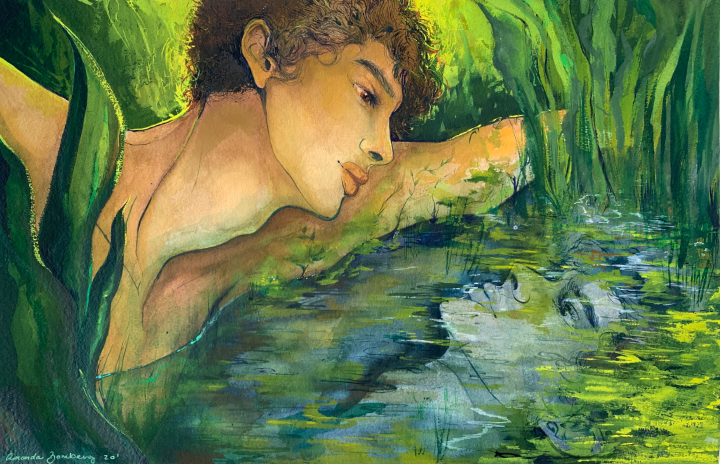 "The Love of Narcissus" 2020, 12"x20", watercolor, ink and gouache