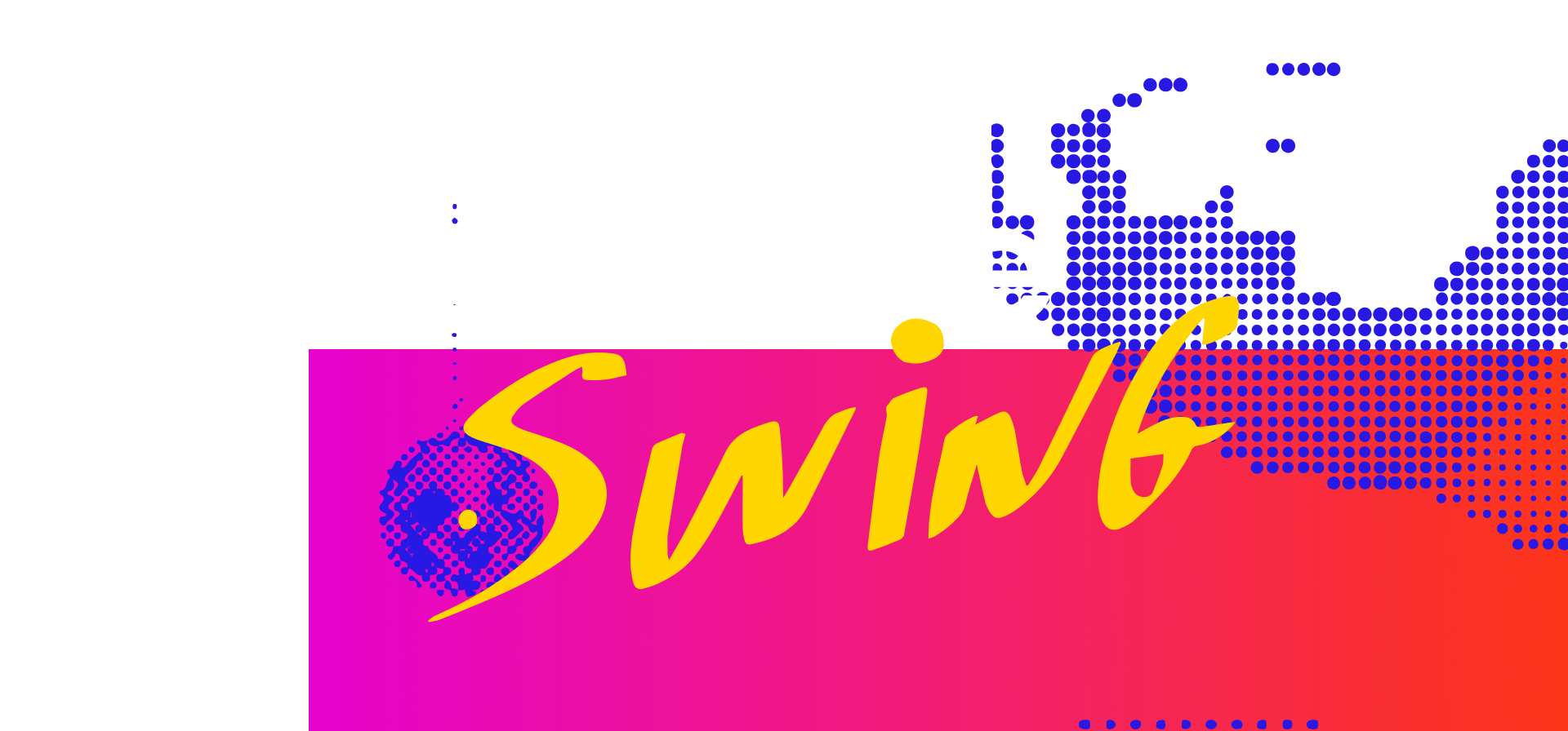 Lettering "Feel the swing" applied over a background with colorful graphic elements in pink and yellow featuring graphics of DJ Obá's face. Professional DJ for parties, events, and music festivals.