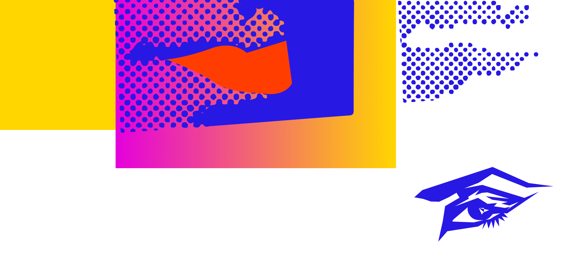 Colorful graphic image featuring DJ Obá's mouth in pink, set against geometric rectangles in pink and yellow on a blue background. Professional DJ available for parties, events, and music festivals.