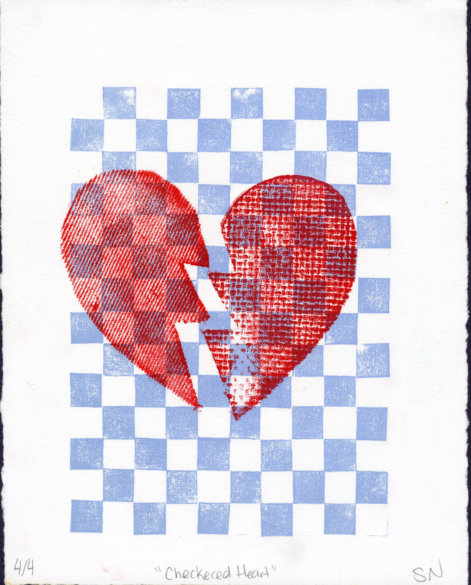 Checkered Heart / Relief print with found items / Caligo ink / 8"x10"