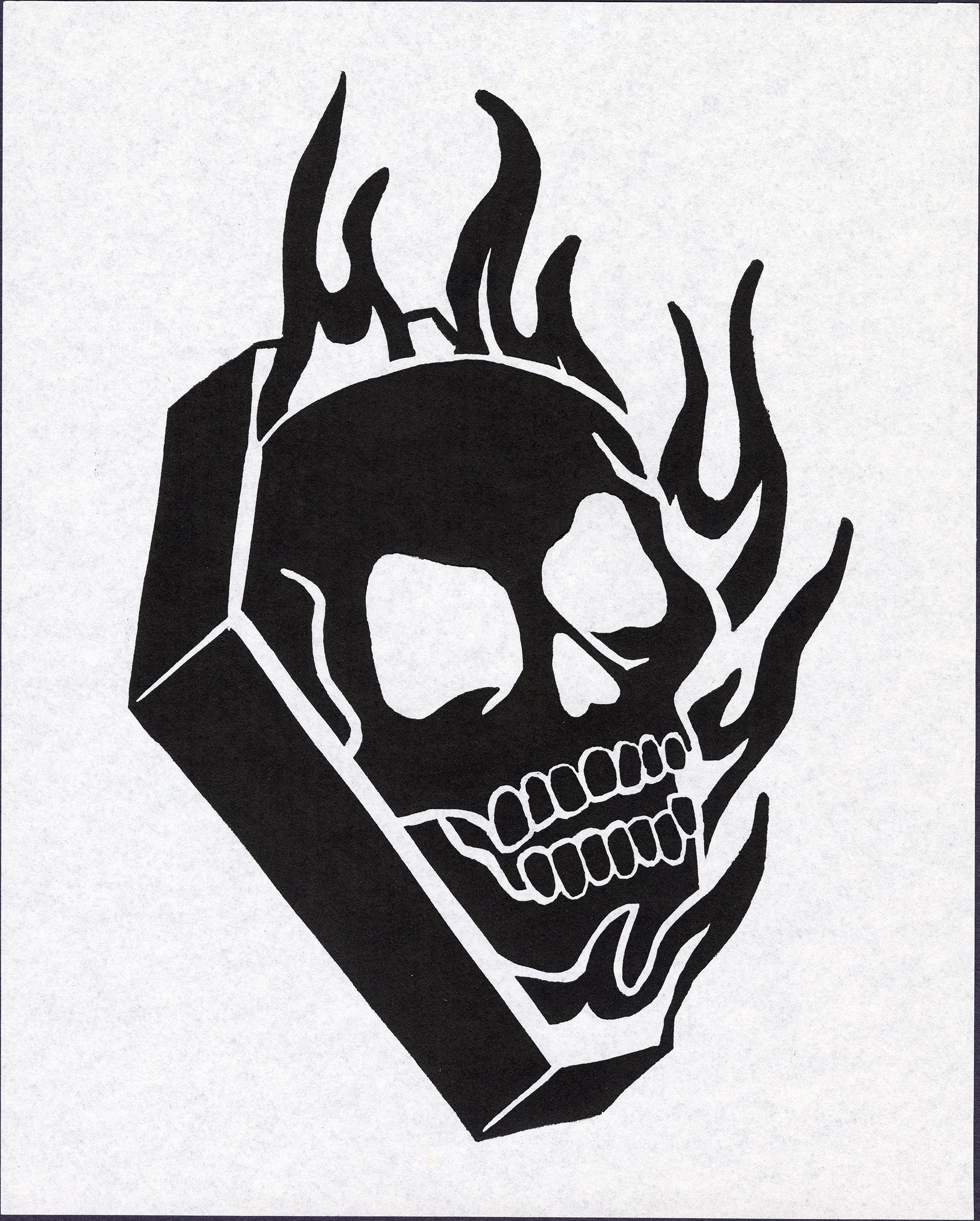 Skull Fire / Linoleum relief print / Caligo ink / 9"x11"