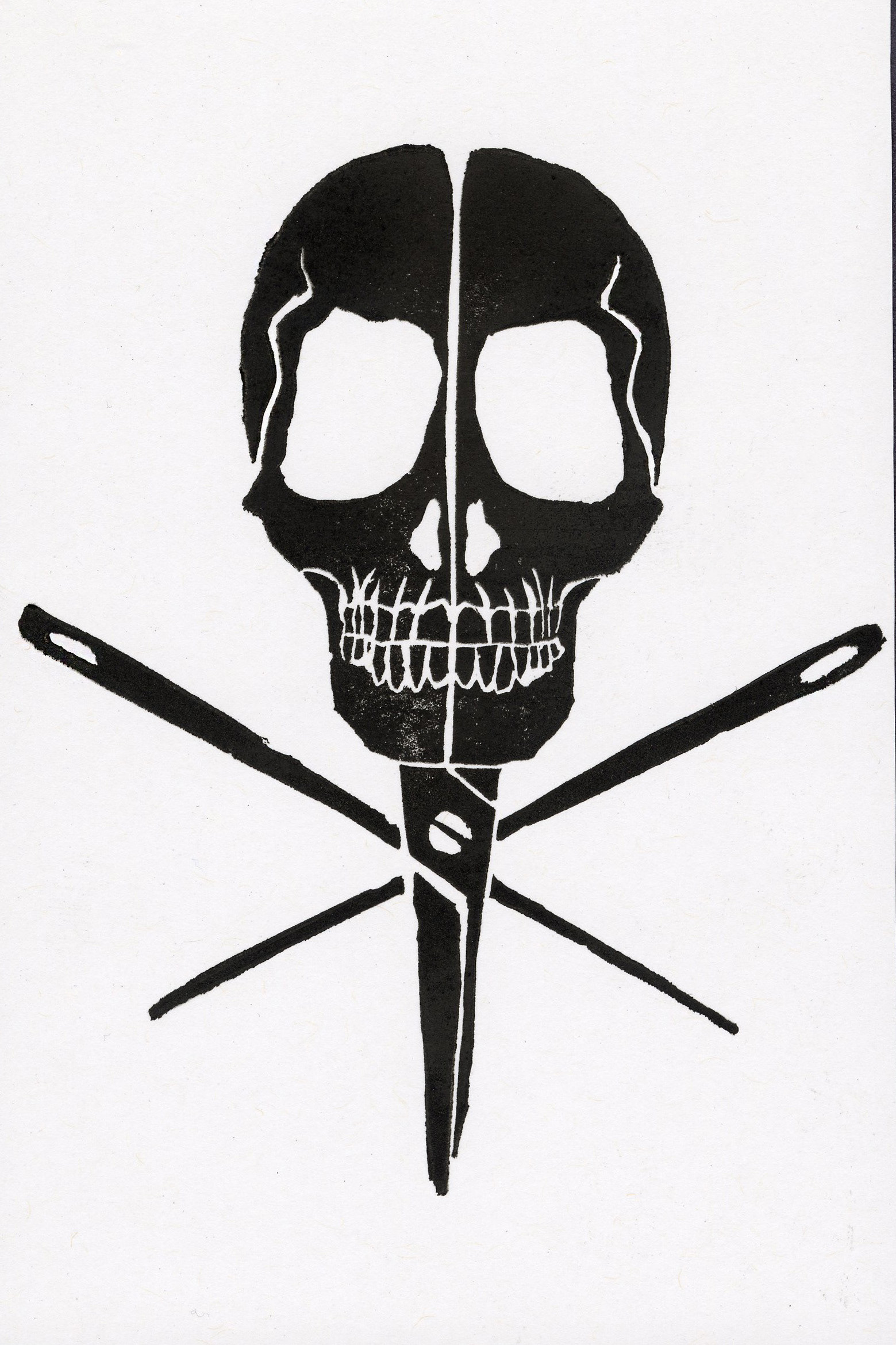 Skull Scissors / / Linoleum relief Print / Speedball ink / 4"x6"