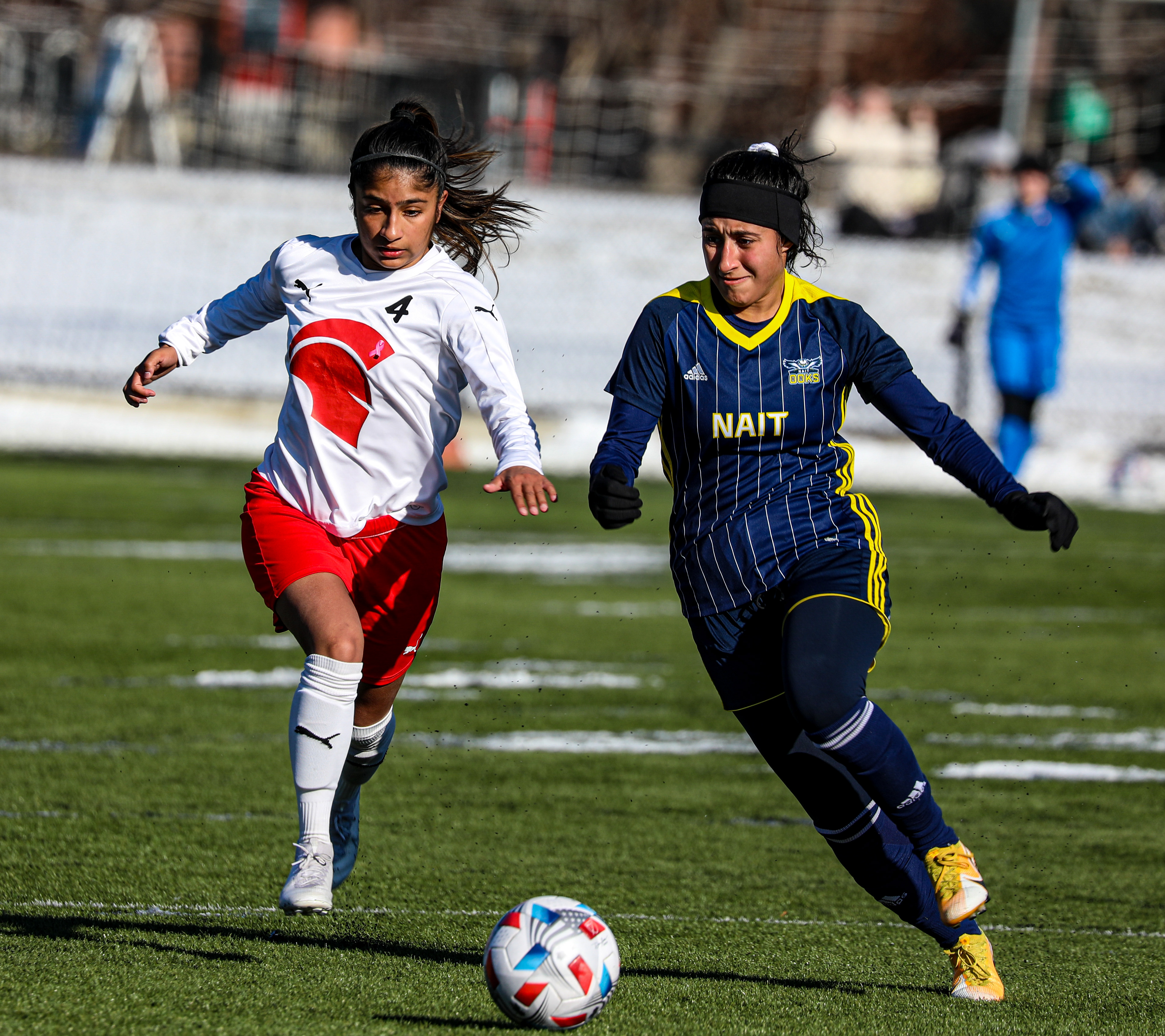 SAIT Trojans Forward Harleen Singh runs to take the ball against NAIT Ook at SAIT’s Cohos Commons Field in Calgary on Saturday, Oct. 30,2021.