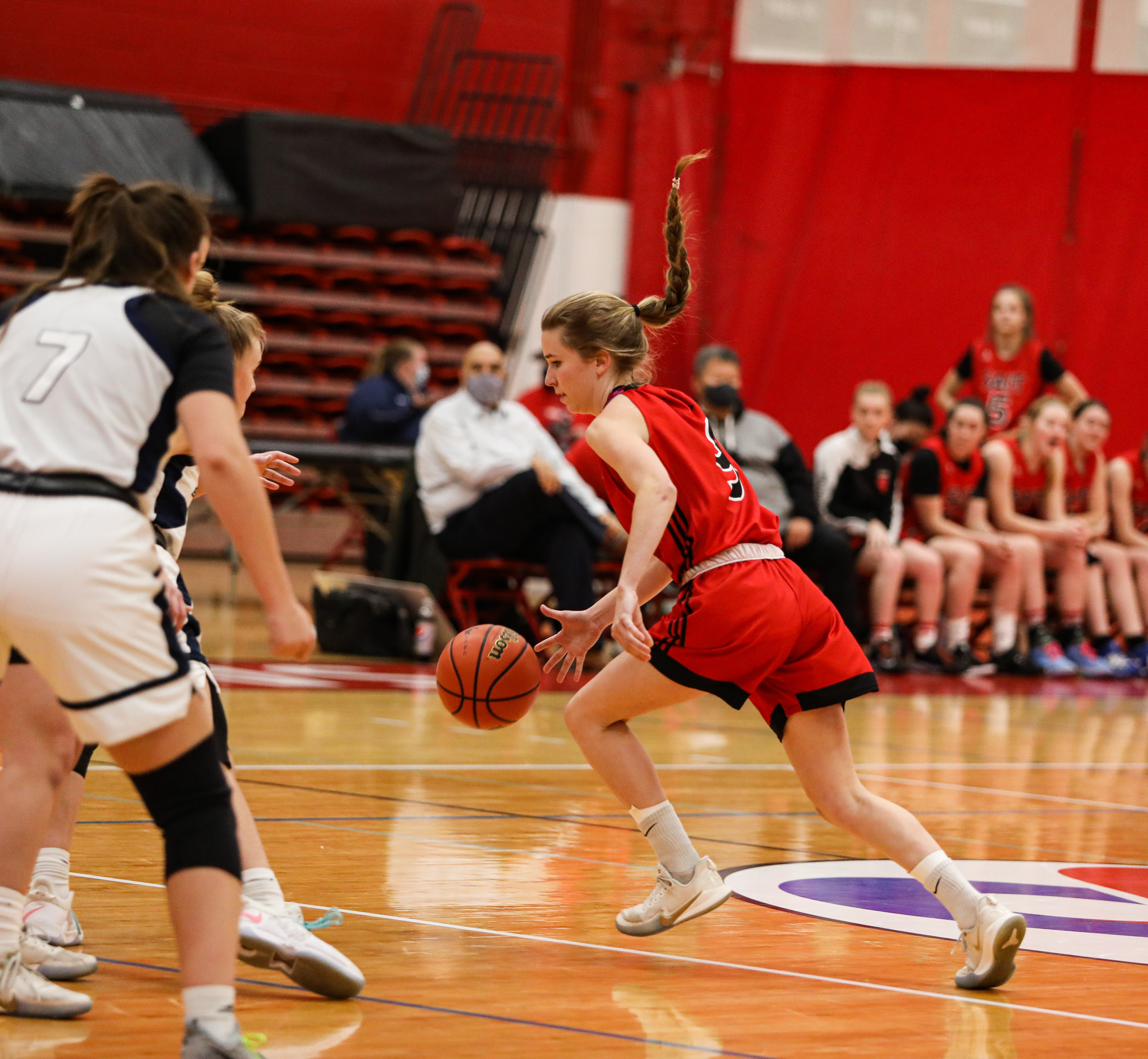 SAIT Trojans guard Brook Baker runs during her team’s match against Briercrest college at the SAIT gymnasium.