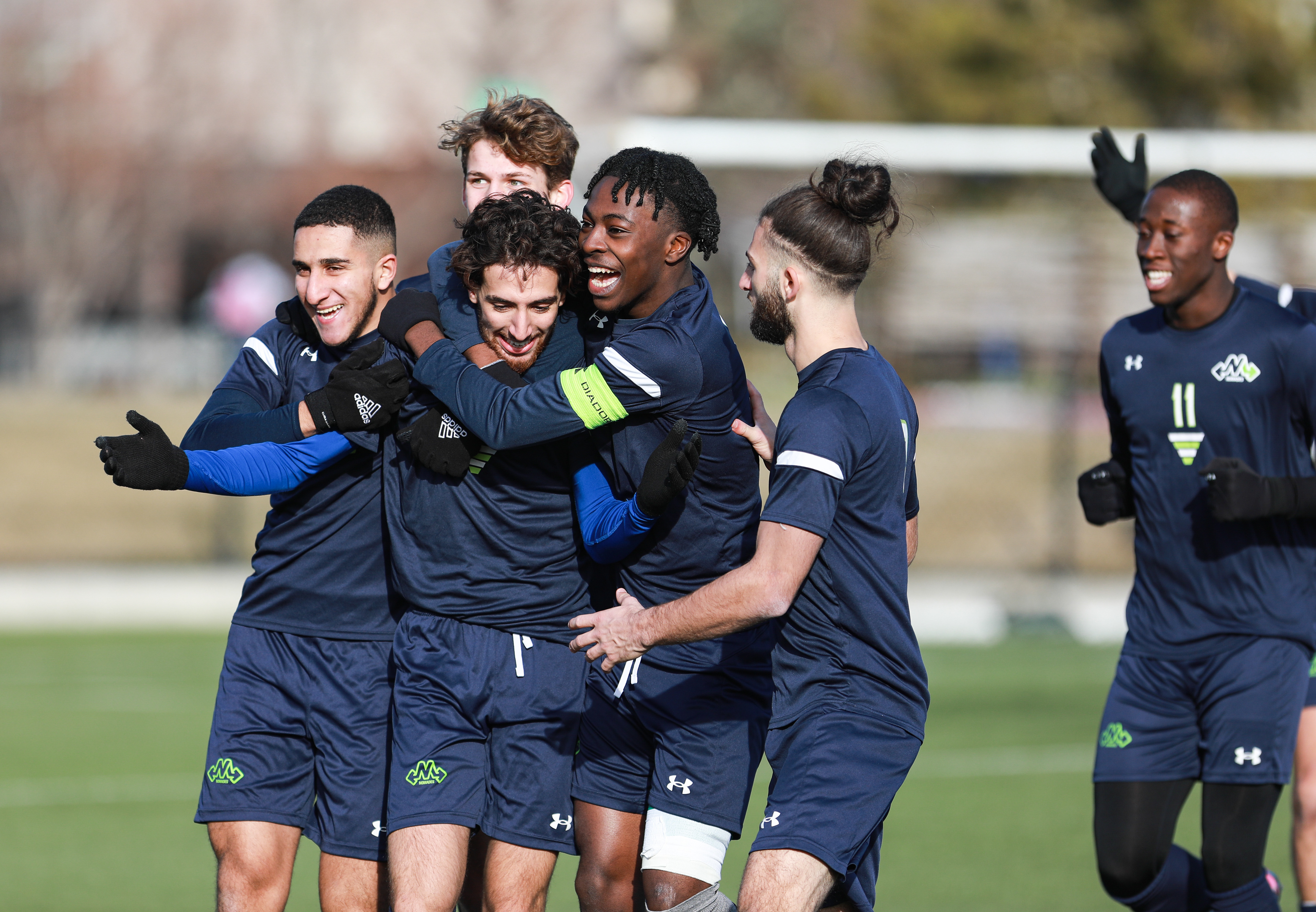 The Montmorency College Nomades players are happy when they score their first goal against the George Brown College Huskies in the men’s soccer action.