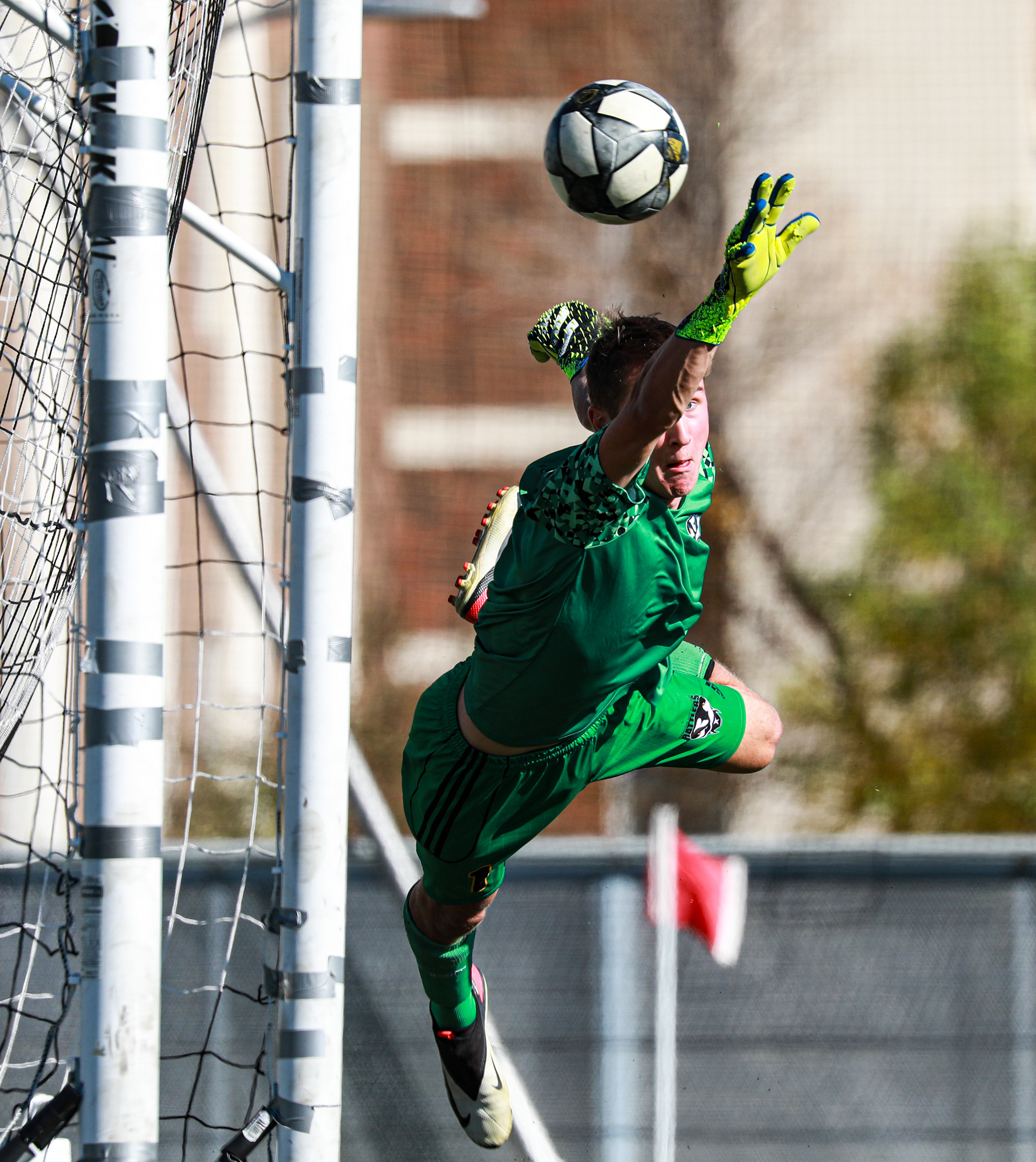 Medicine Hat College Rattlers goalie Ross Wilder makes a save during his team’s match against the SAIT Trojans at SAIT’s Cohos Commons Field in Calgary on Sunday, Oct. 3, 2021. The Trojans beat the Rattlers by a score of 2-0 in Alberta College Athletic Conference men’s soccer action.