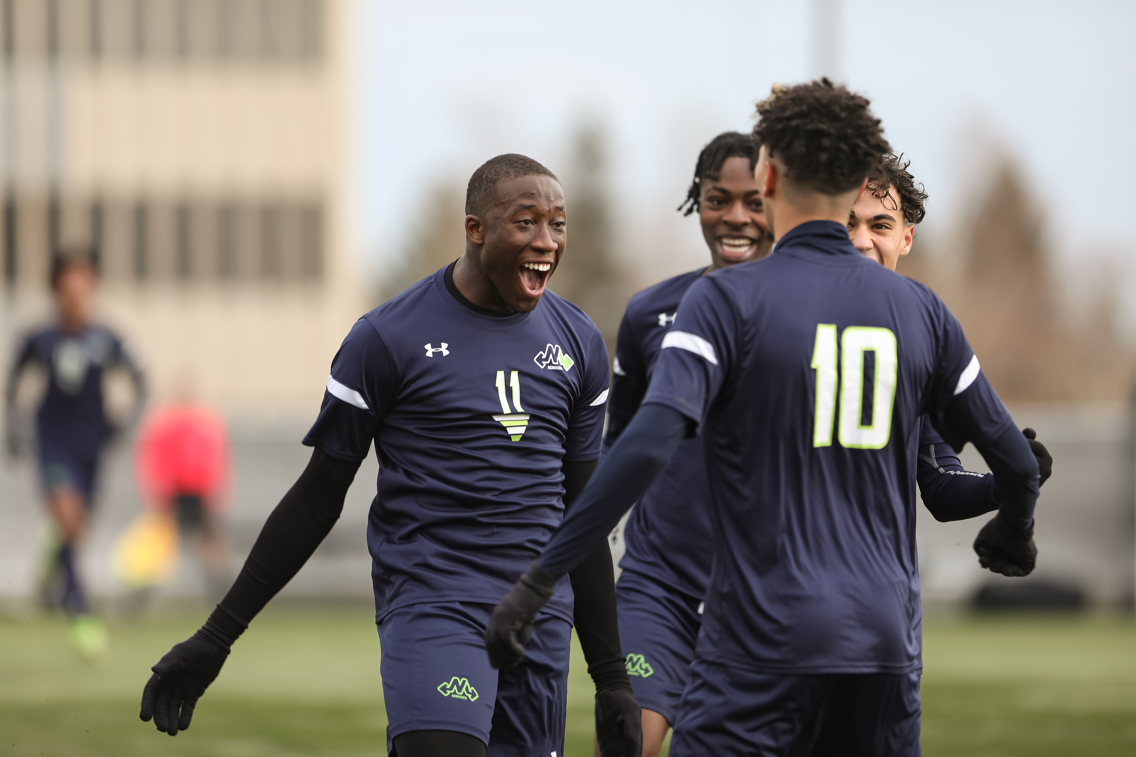 The Montmorency College Nomades players are happy when they score their first goal against the George Brown College Huskies in the men’s soccer action.