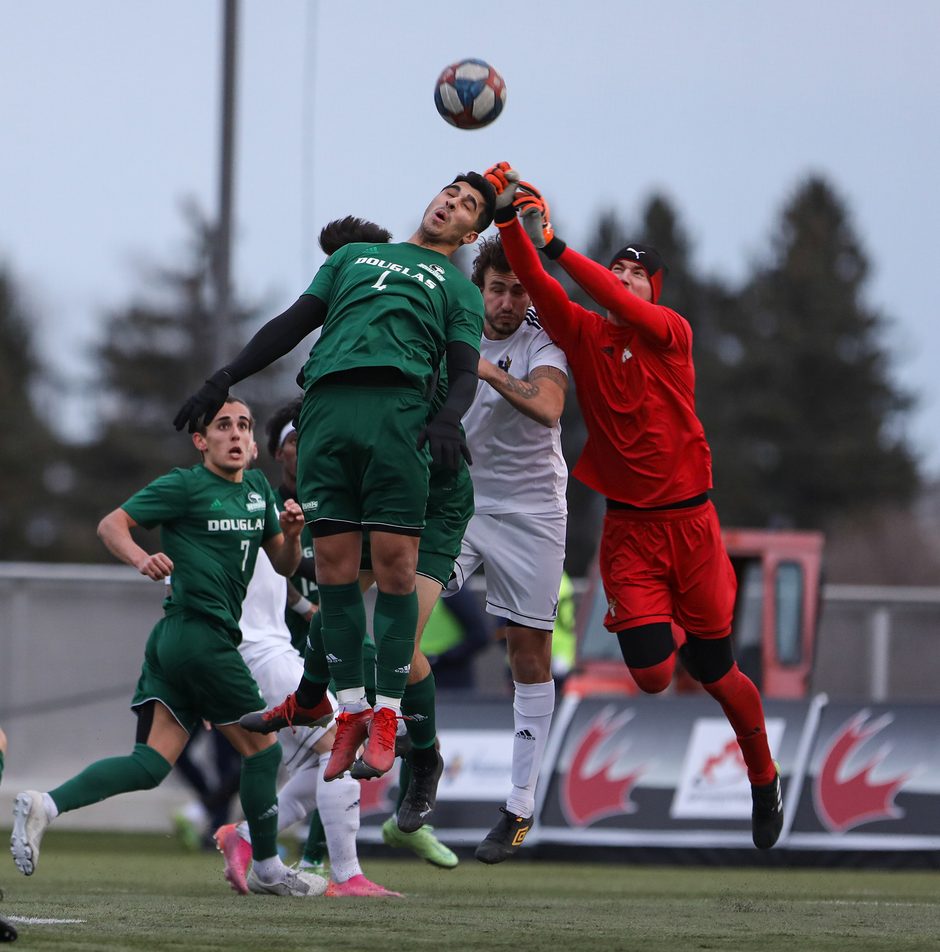 The Douglas College Royals striker Burhan Waisy, front, jumps against the Humber College Hawks in men’s soccer action.