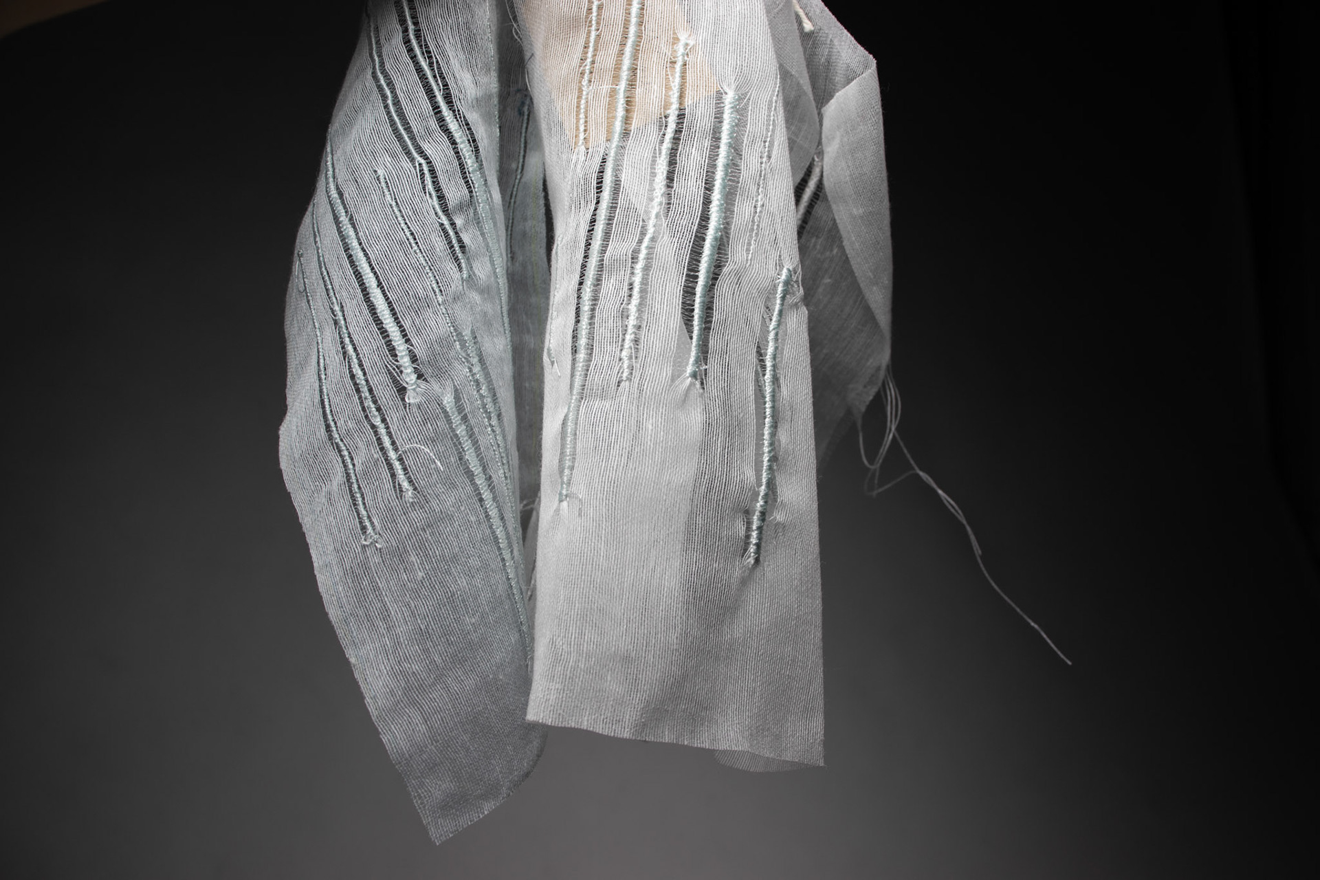 Wing needle sample on open weave silk for ROMO- Black edition.