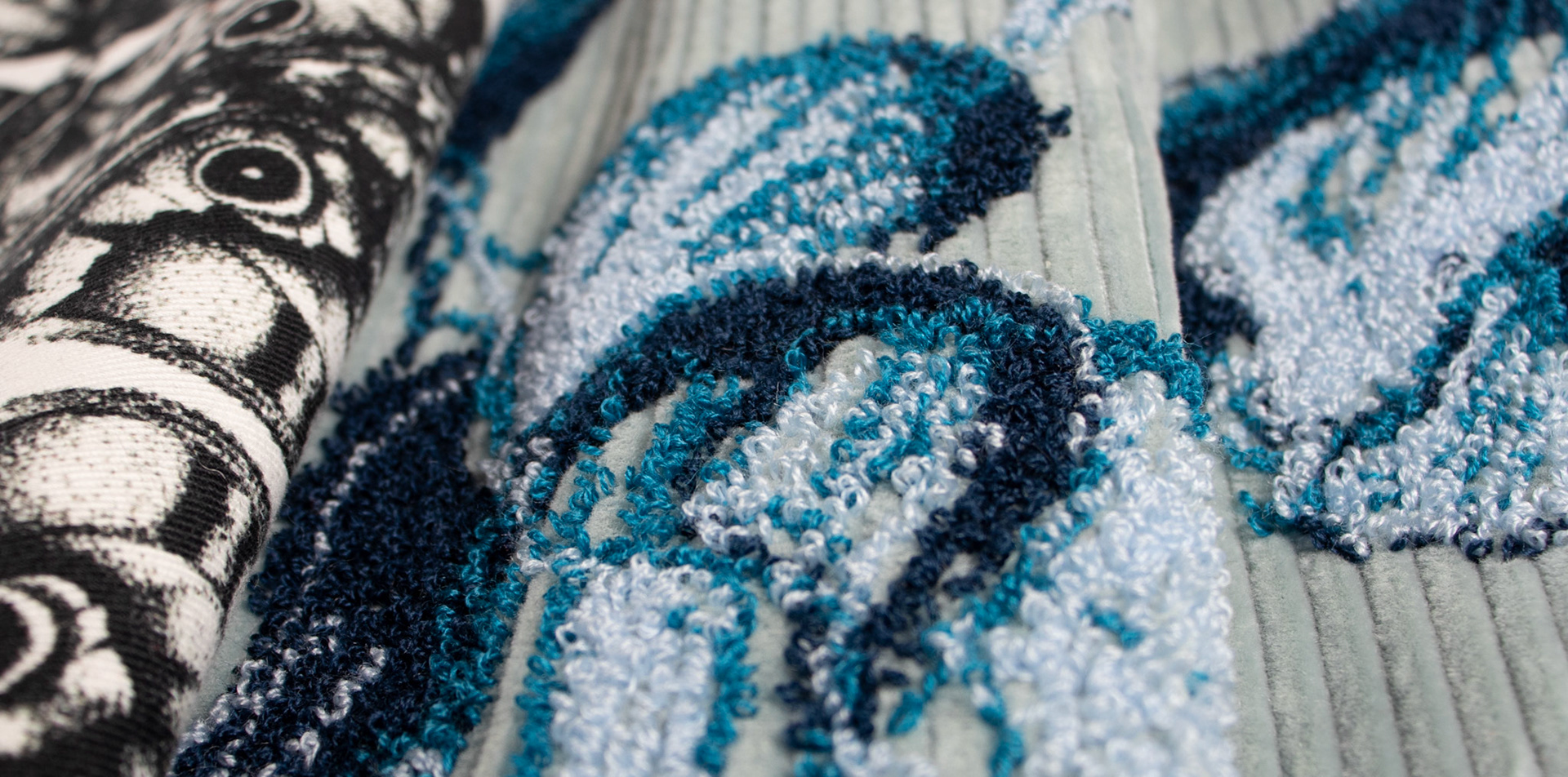 Close up- Cornely moss stitch sample for for ROMO- Black edition.