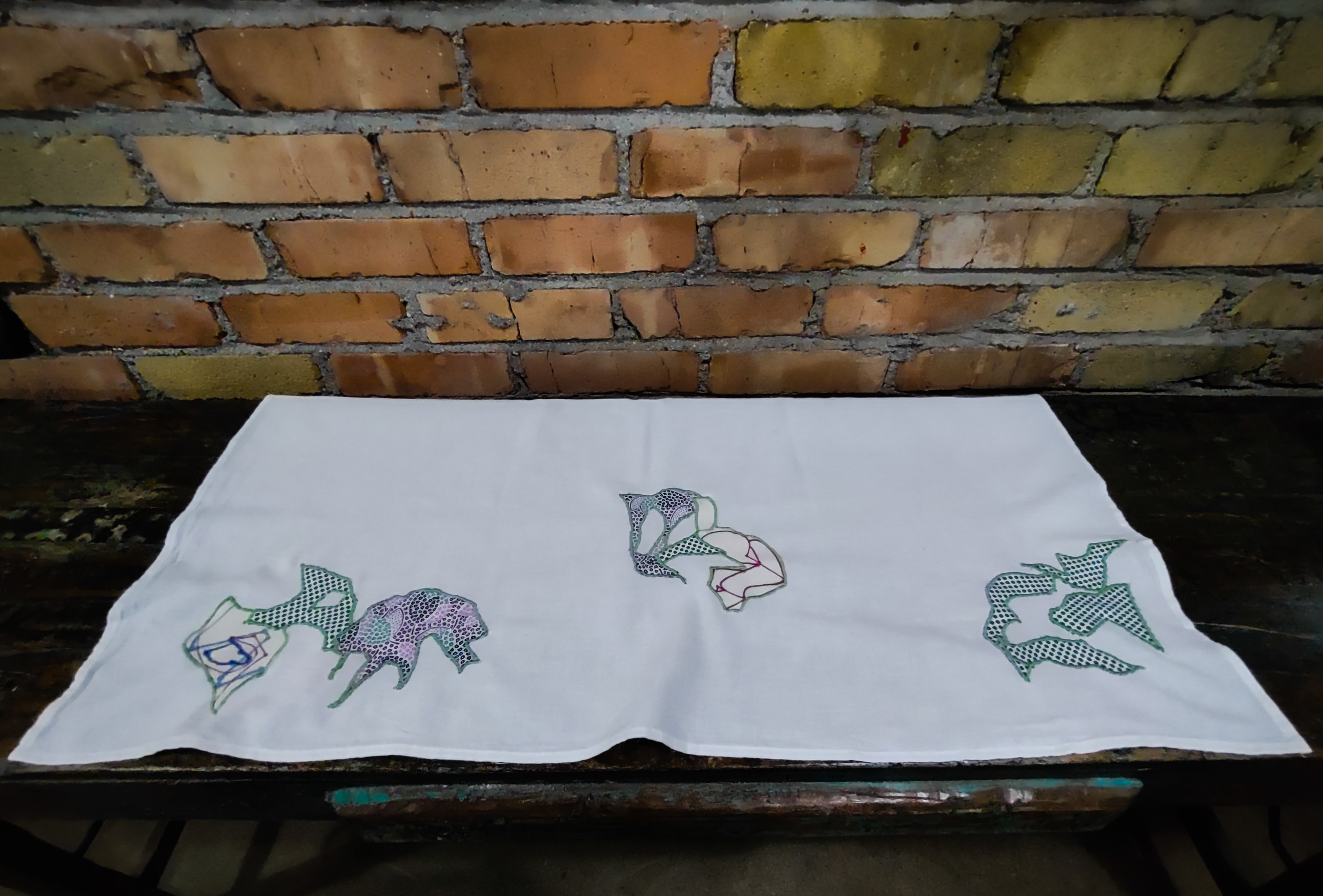 Large Cotton Tea Towel with Vintage Textile Appliques, approximately 38" x 31" $40