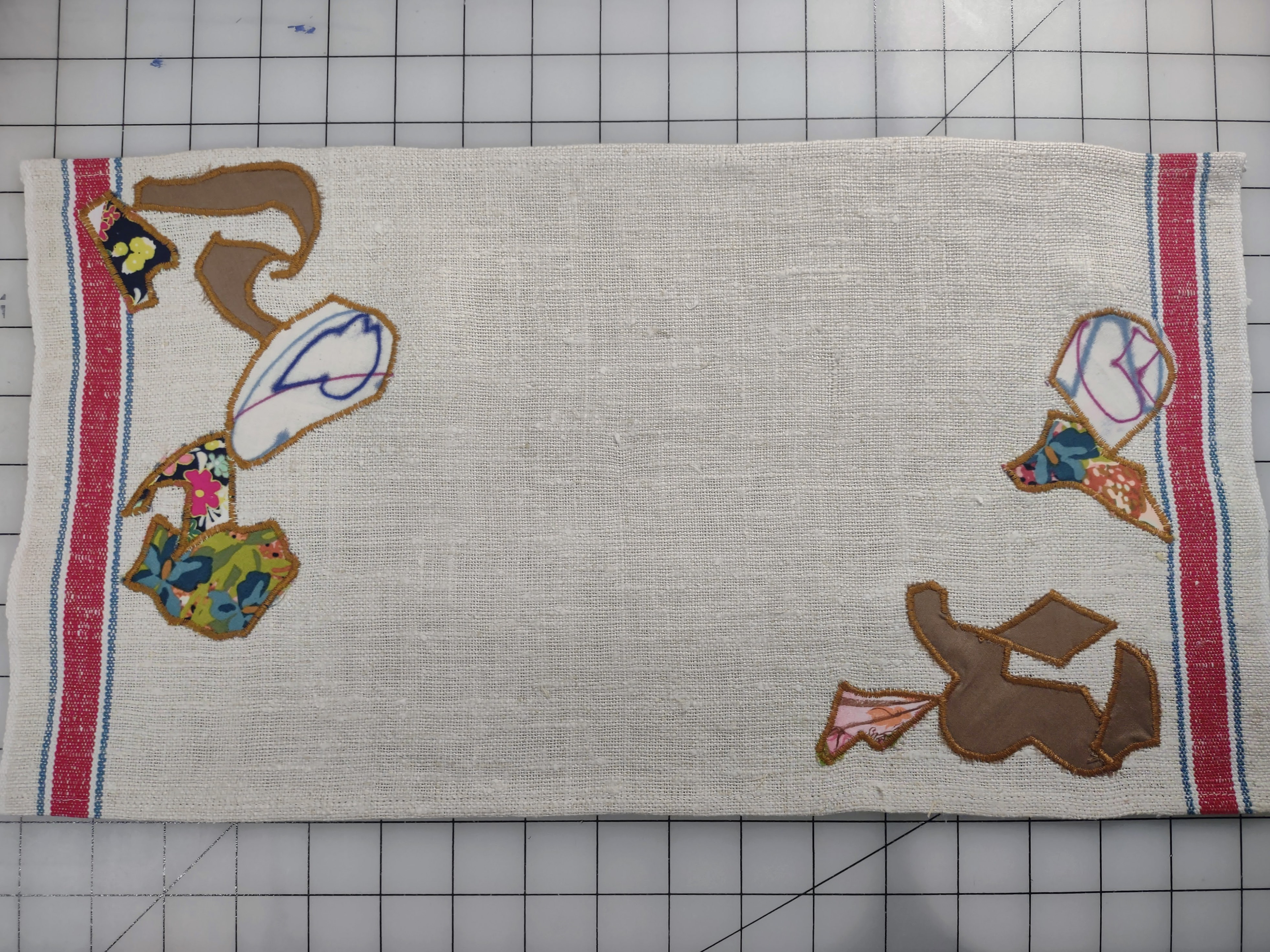 SOLD Detail of Vintage Linen Placemat with Vintage Textile Appliques
