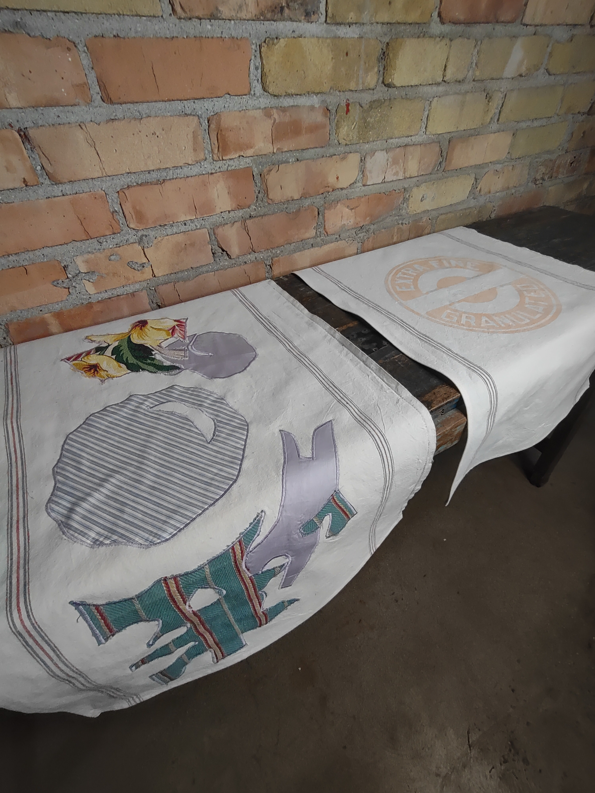 SOLD Vintage Sugar Sack with Vintage Textile Appliques on Left; Vintage Sugar Sack on right $46