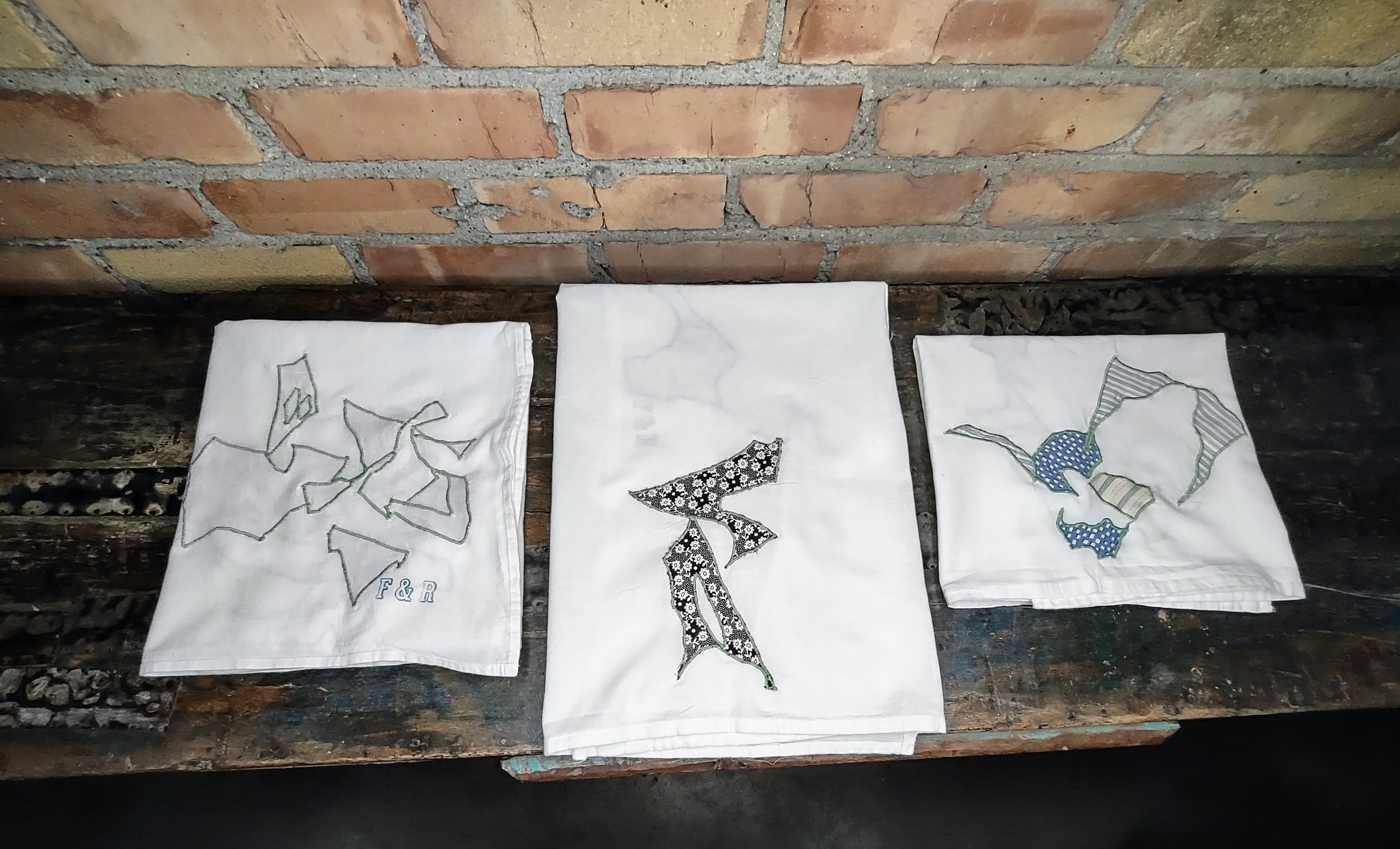Large Cotton Tea Towels with Vintage Textile Appliques, approximately 38" x 31" each $40