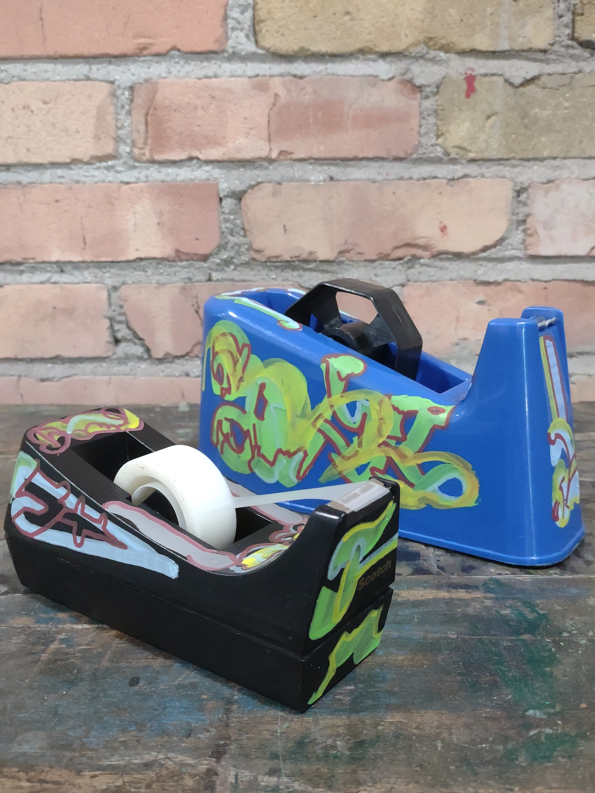 Desktop Collection - Tape Dispensers with Signature Style embellishments, small black dispenser $18, large blue dispenser $26