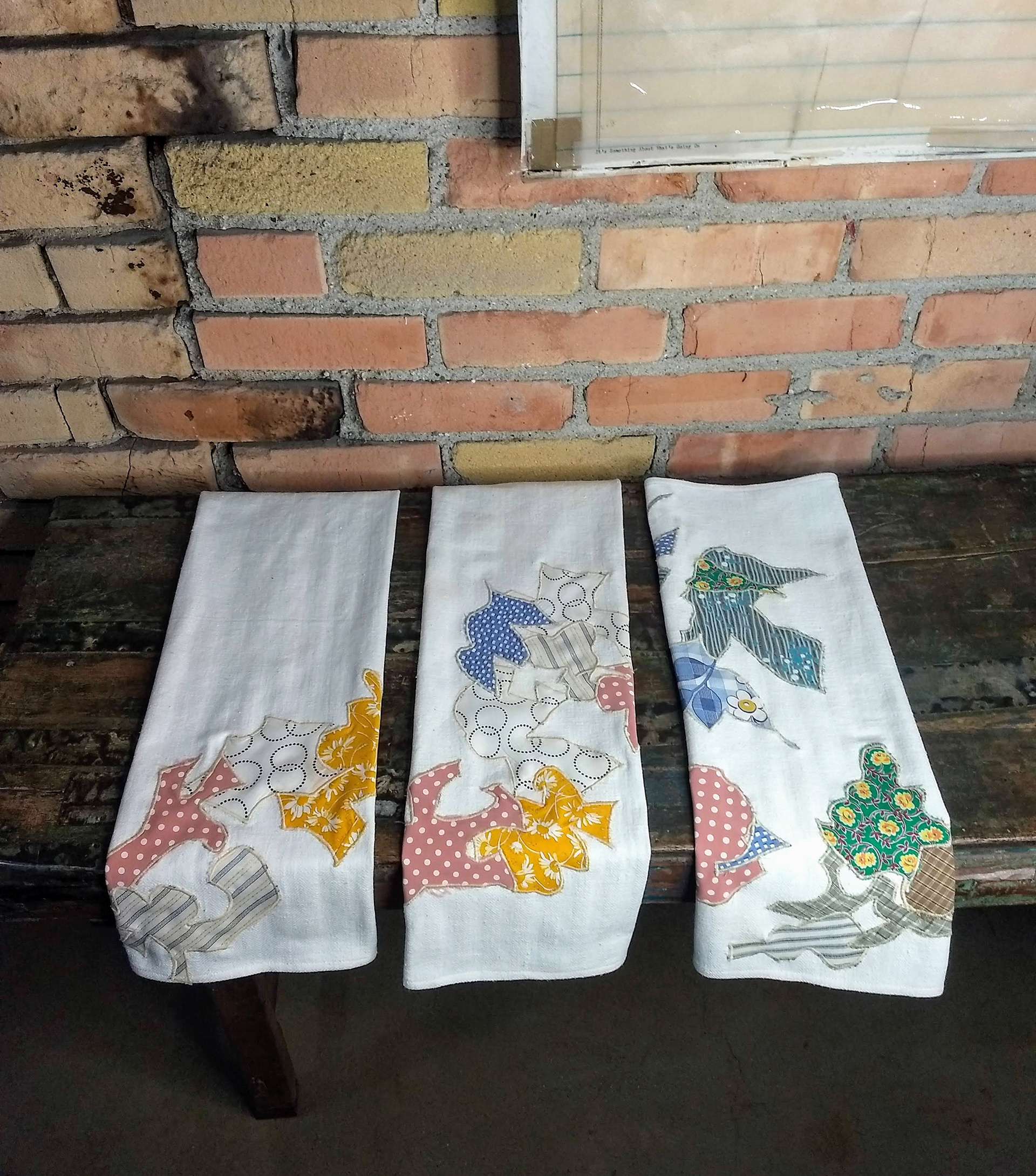 SOLD Original vintage linen towel with vintage fabric overlay - far right towel SOLD