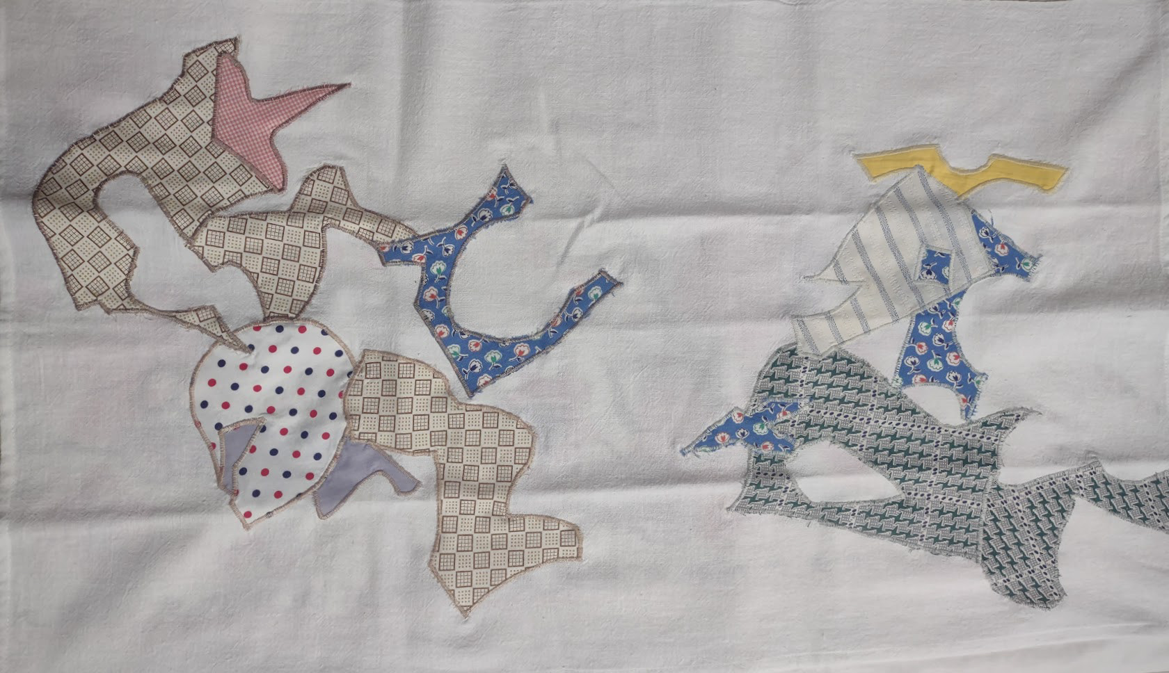 Cotton tea towel with vintage textile appliques, 28" x 16" $32