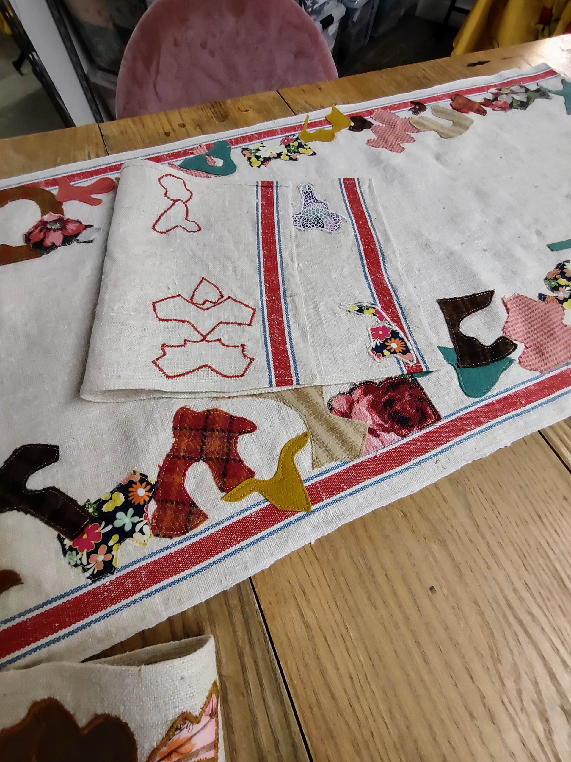 SOLD Detail of Runner and Placemat with Vintage Textile Appliques