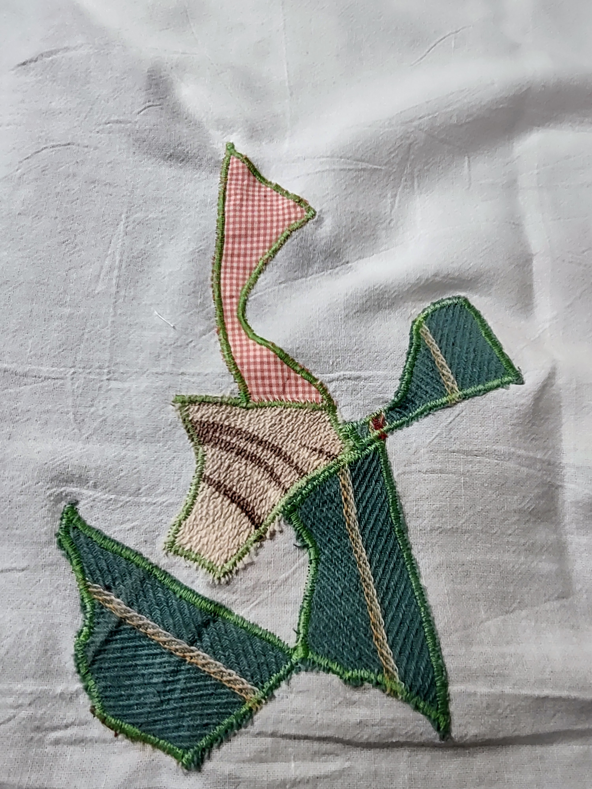 Detail of Vintage Textile Applique on Large Cotton Tea Towel