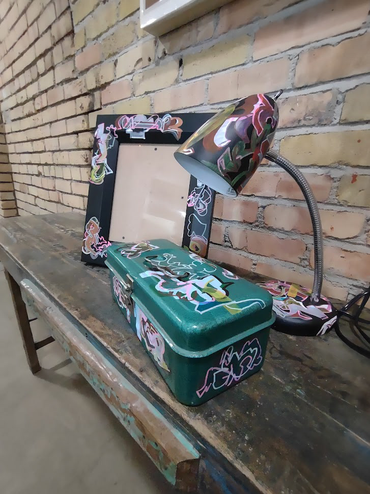Desktop Collection Frame $18, Lamp $48 and SOLD Tool Box