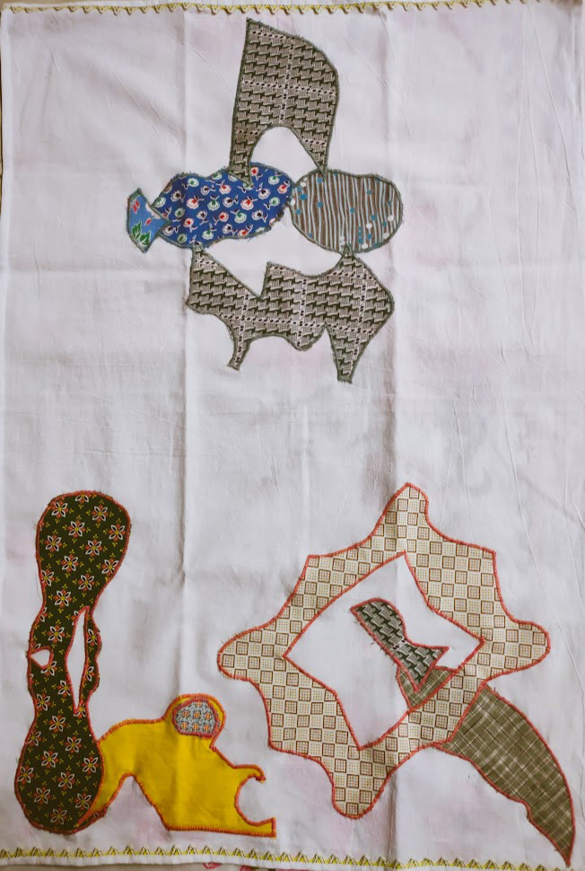 Vintage tea towel with golden yellow ric-rac, vintage textile appliques, 27" x 19" $32