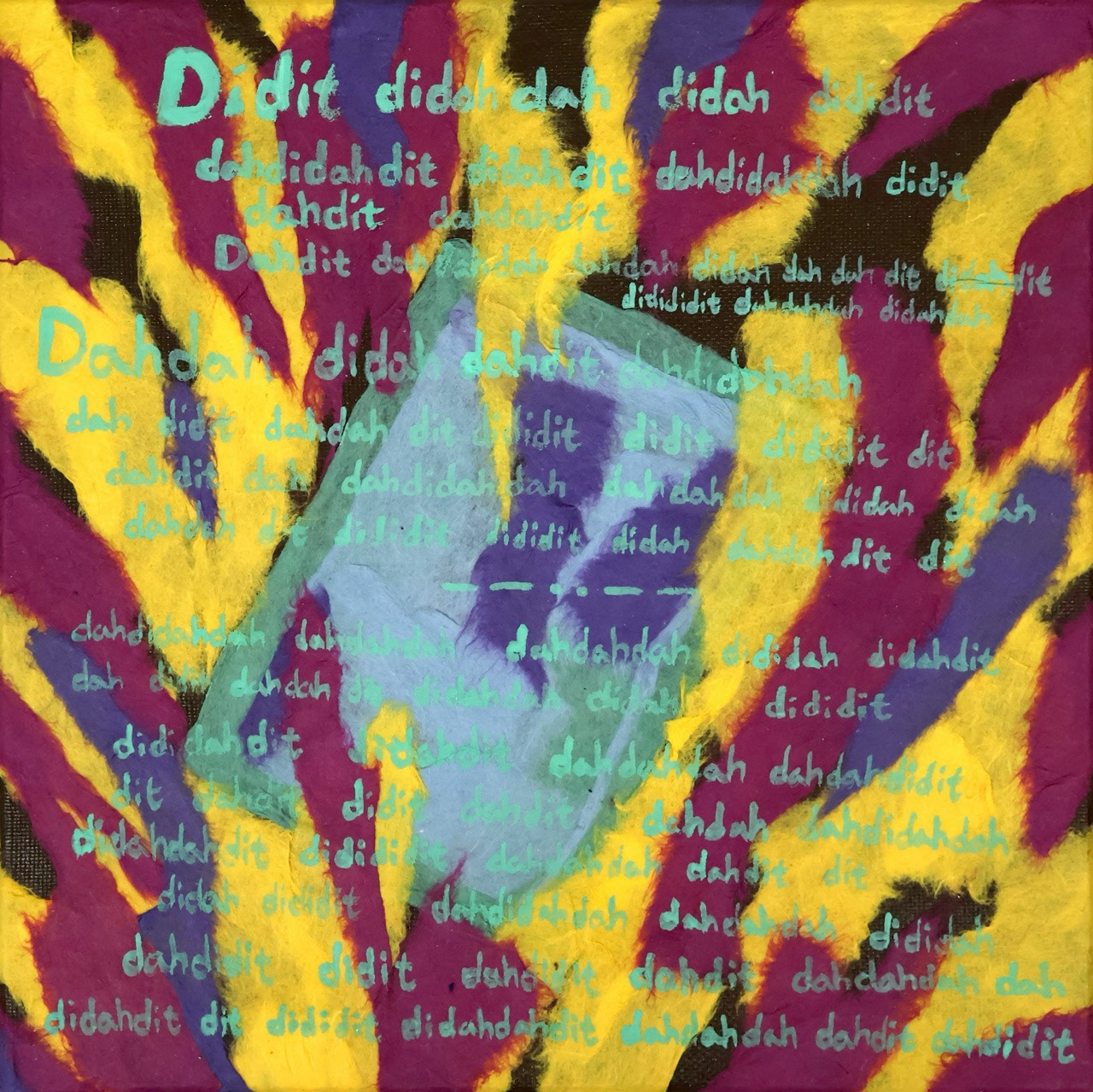 Des notes laissées derrière_SMS, 2023, technique mixte et collage de papier coréen sur toile, 20 x 20 cm