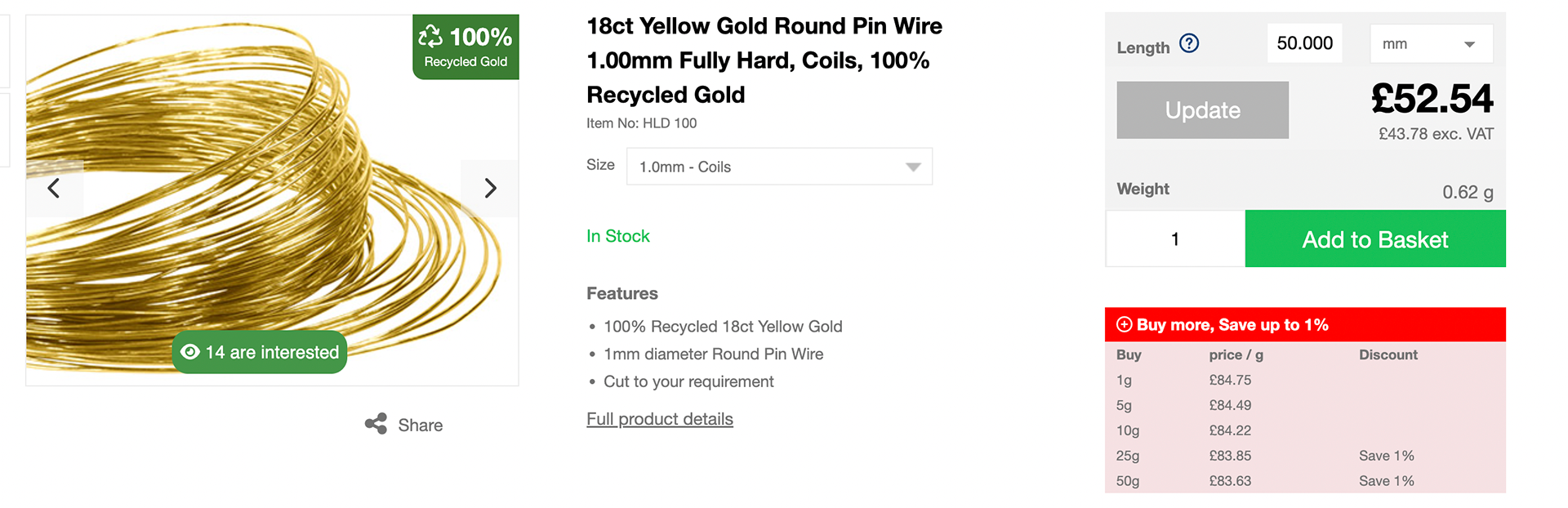 Solid gold pin wire prices for 5cm