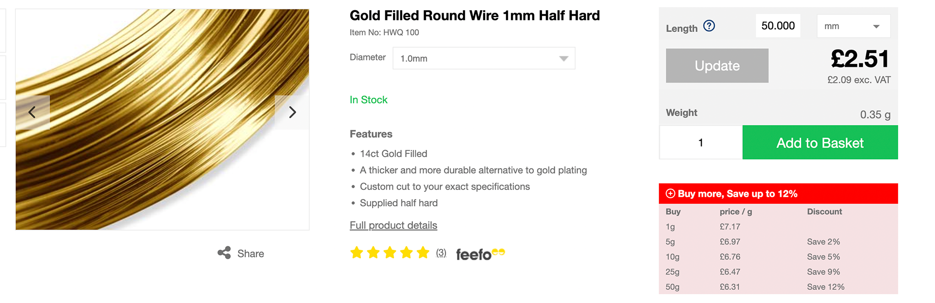 Gold filled wire prices for 5cm
