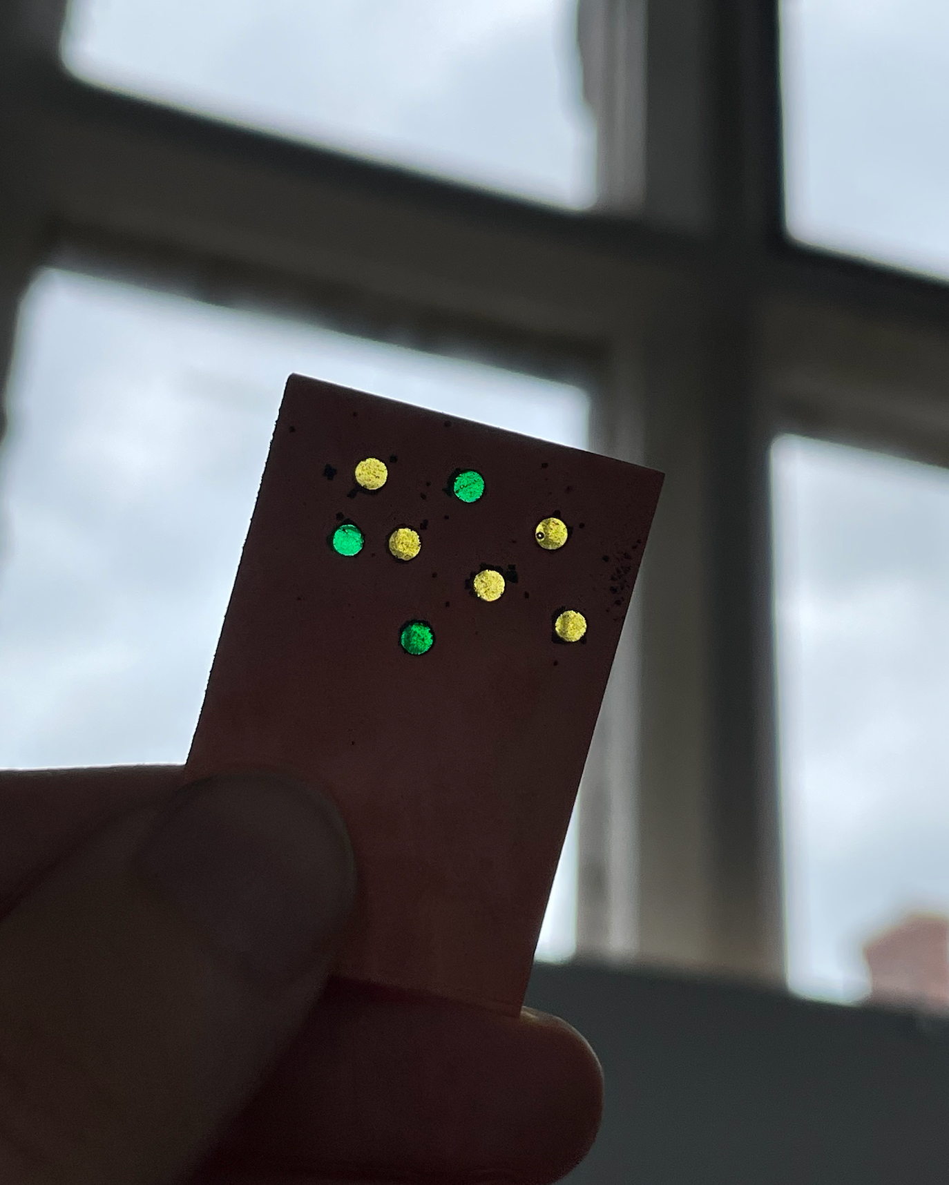 First sample pieces held up to the light