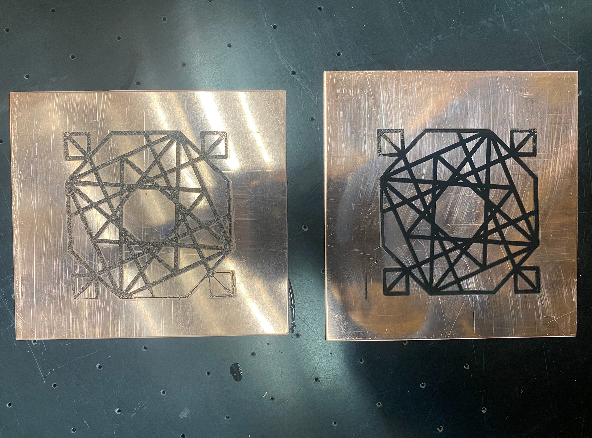 Second attempt at printing onto copper, eft side acrylic, right side speedball