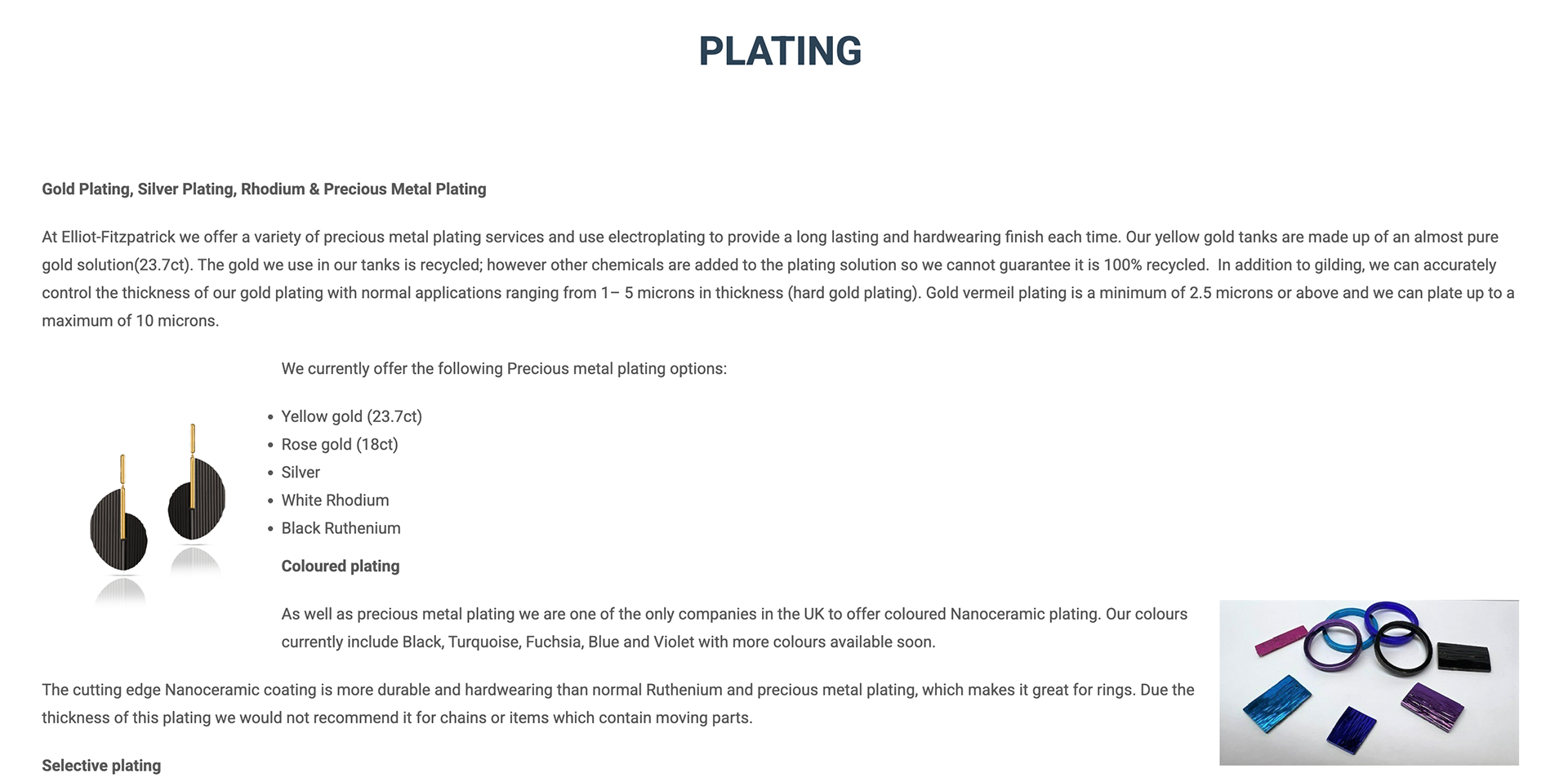 Plating page on website