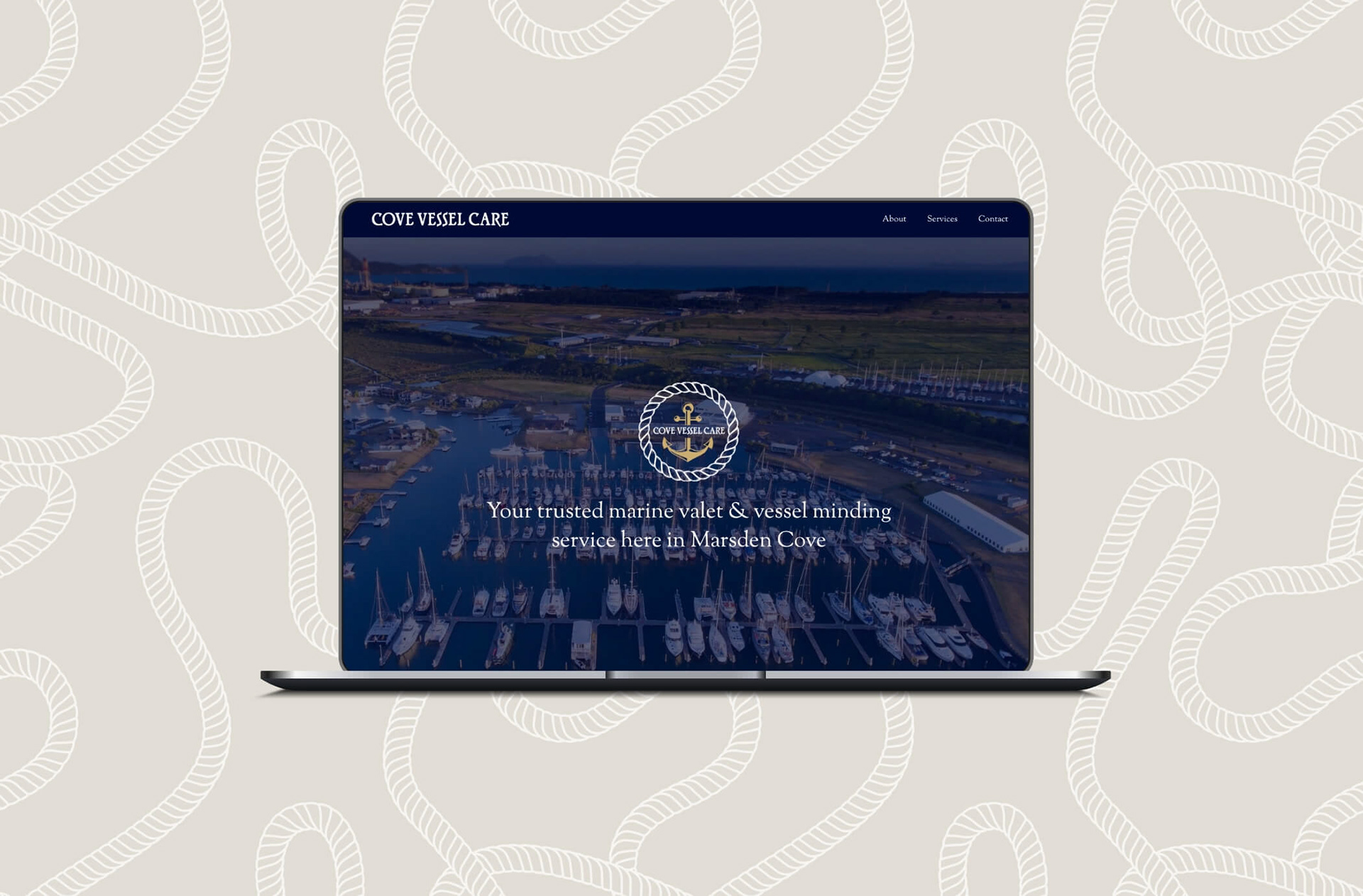 Cove Vessel Care homepage shown on a laptop mockup against a nautical rope background.