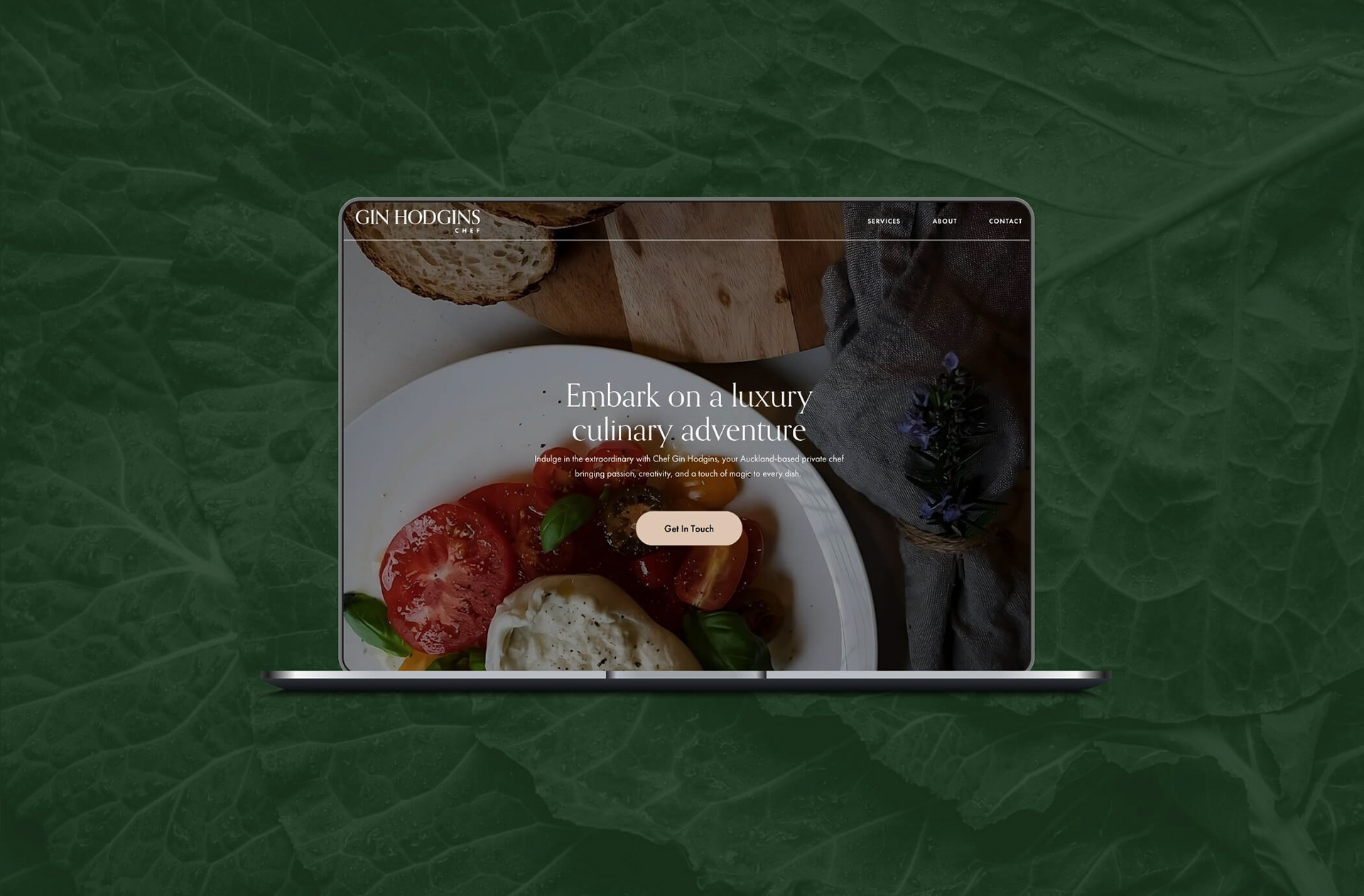 A Squarespace website mockup for private chef Gin Hodgins, featuring a high-end culinary hero image and an organic green leaf background.