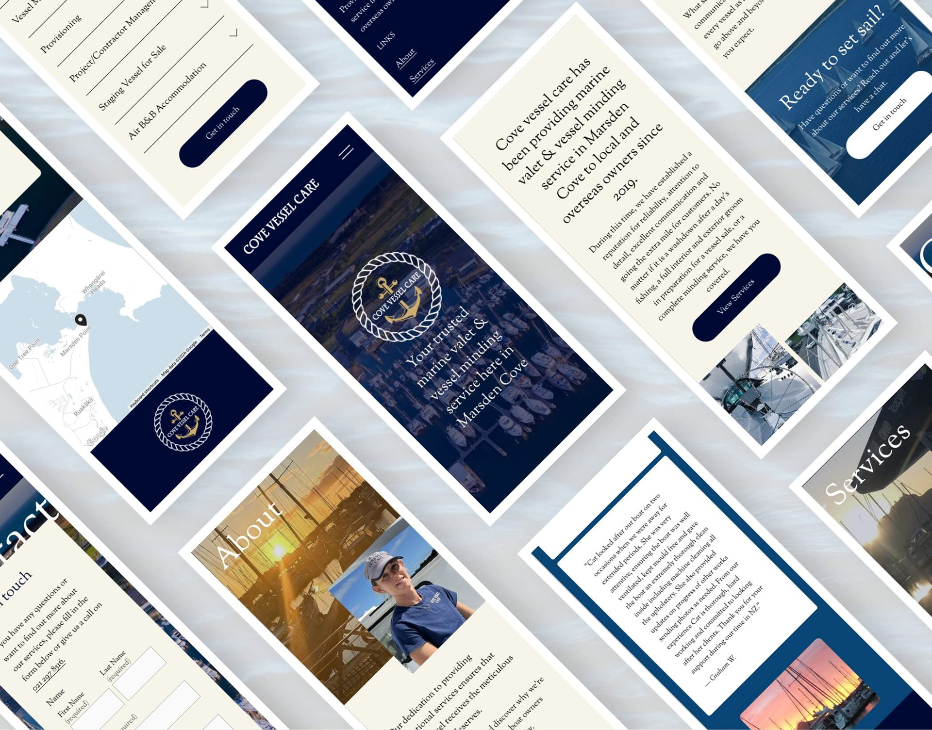 A grid of mobile-responsive web design layouts for a marine service business.