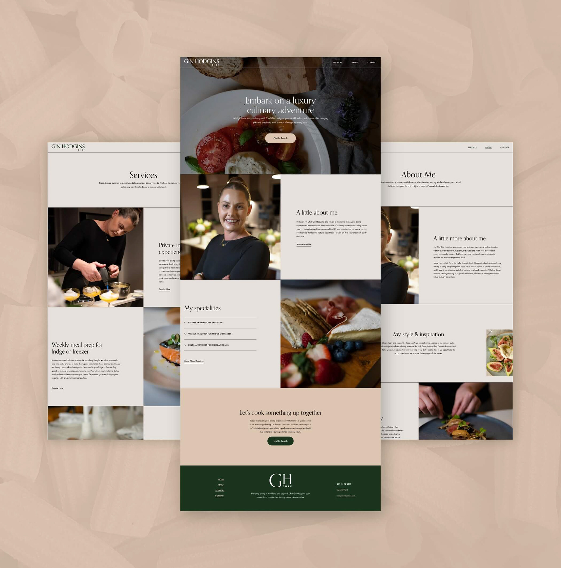 A collection of desktop web pages for luxury private chef service, showcasing services, personal branding, and high-quality food photography.