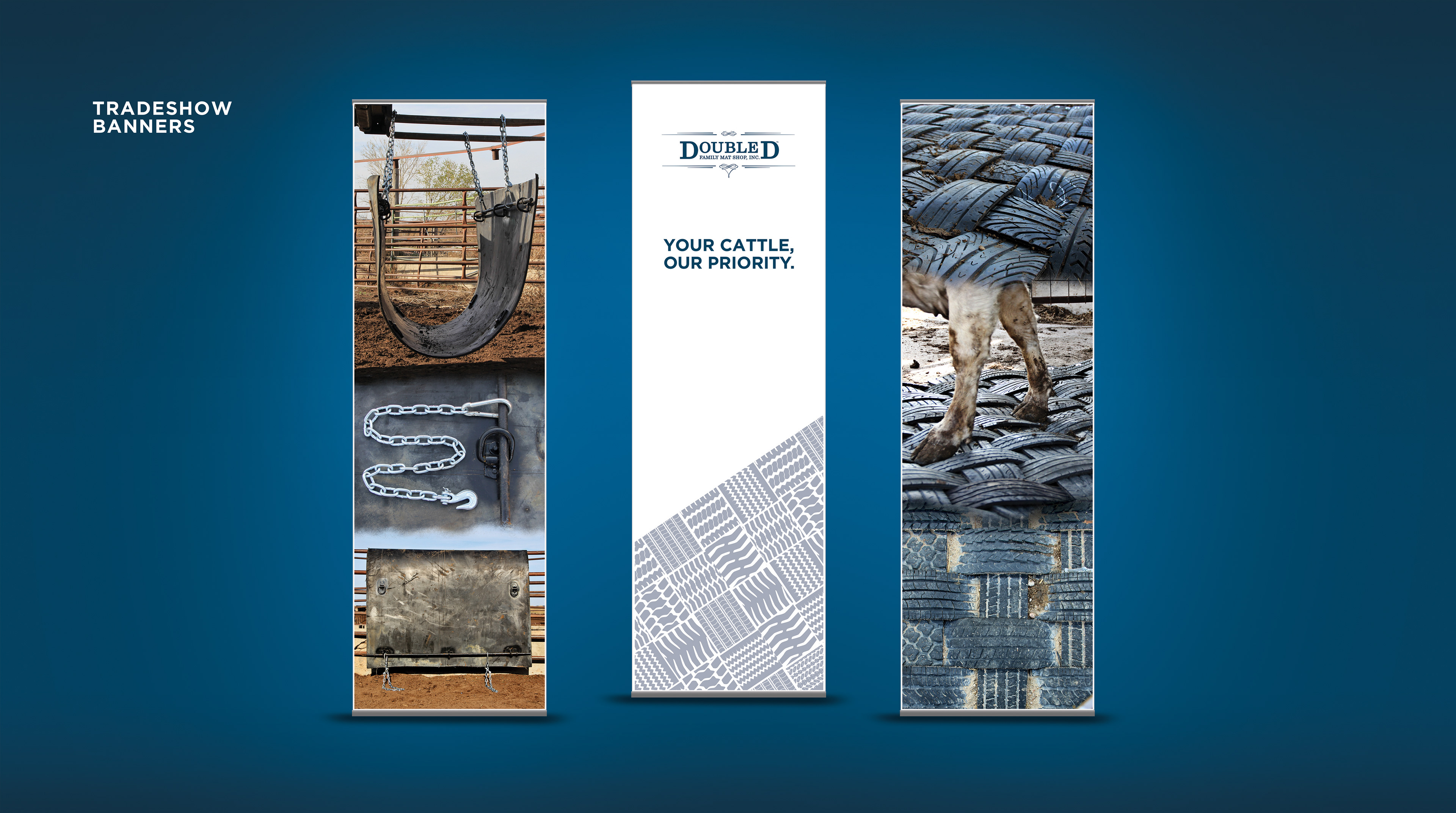 three tradeshow banners made for Double D Cattle mat shop by Custer Creative