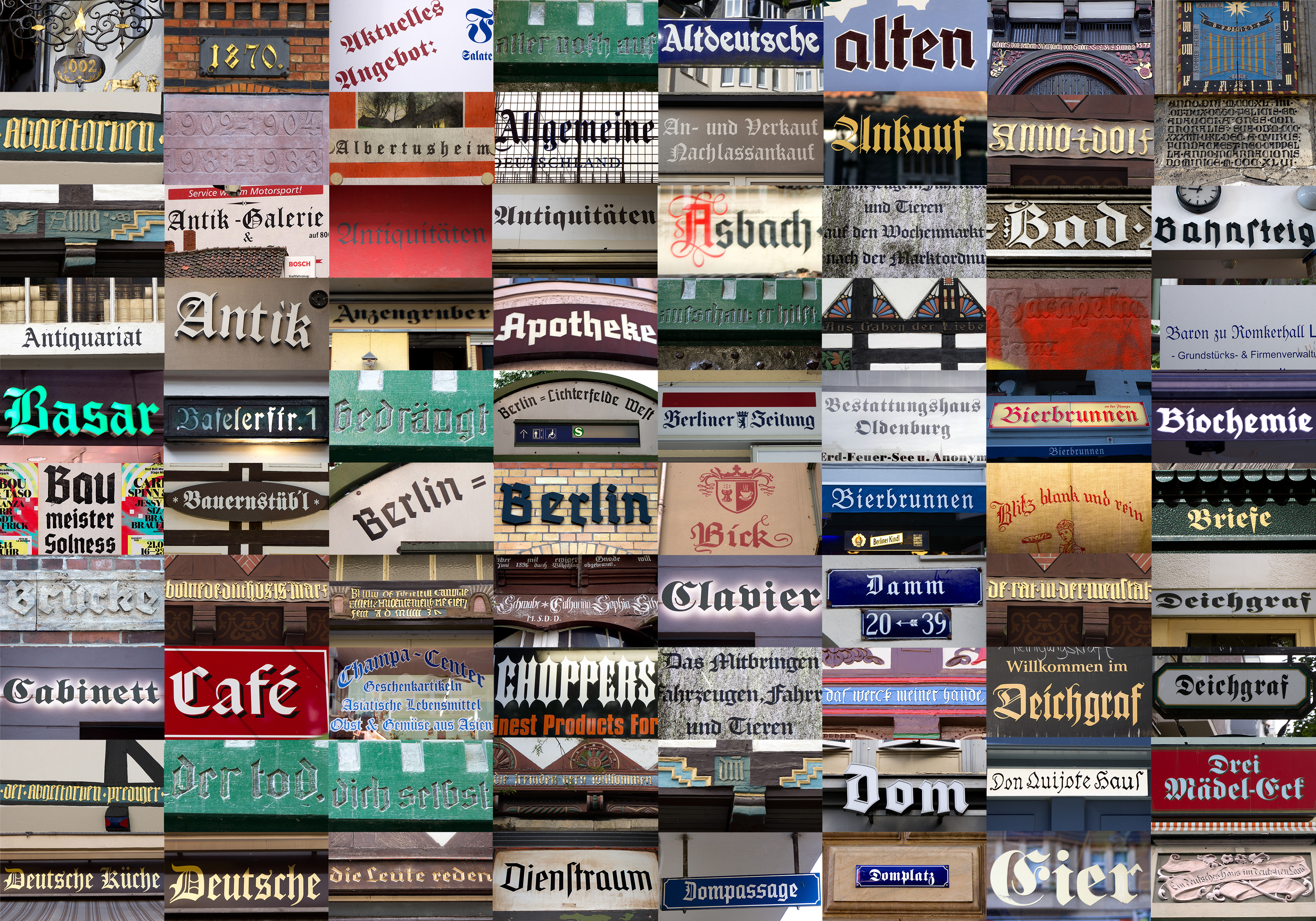 Photographic documentation of Fraktur typefaces in Germany, listing A to E, by Meyrick Kaminski, as part of the project You Den Let Turn