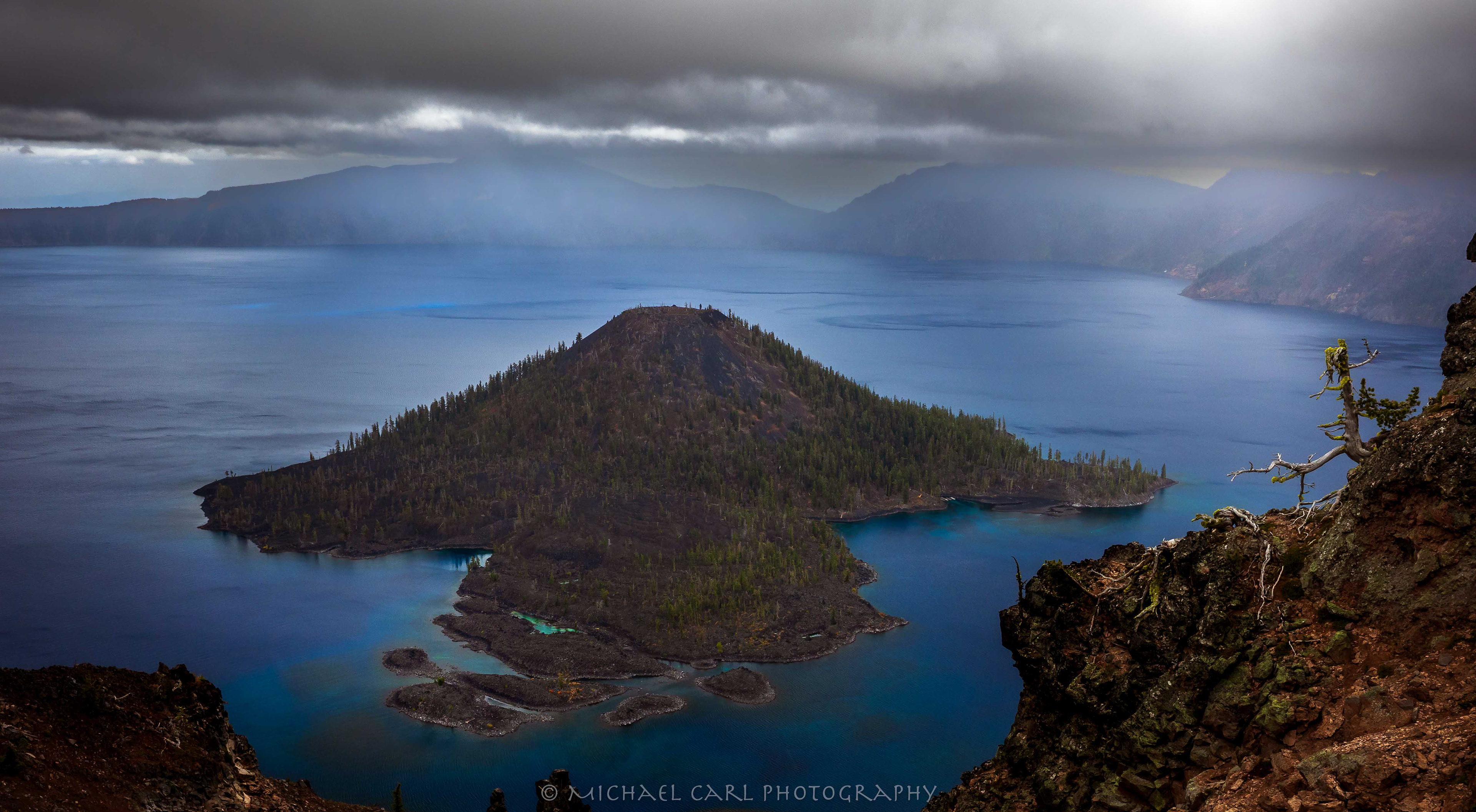 Wizard Island is a volcanic cinder cone which forms an island at Crater Lake National Park Oregon.