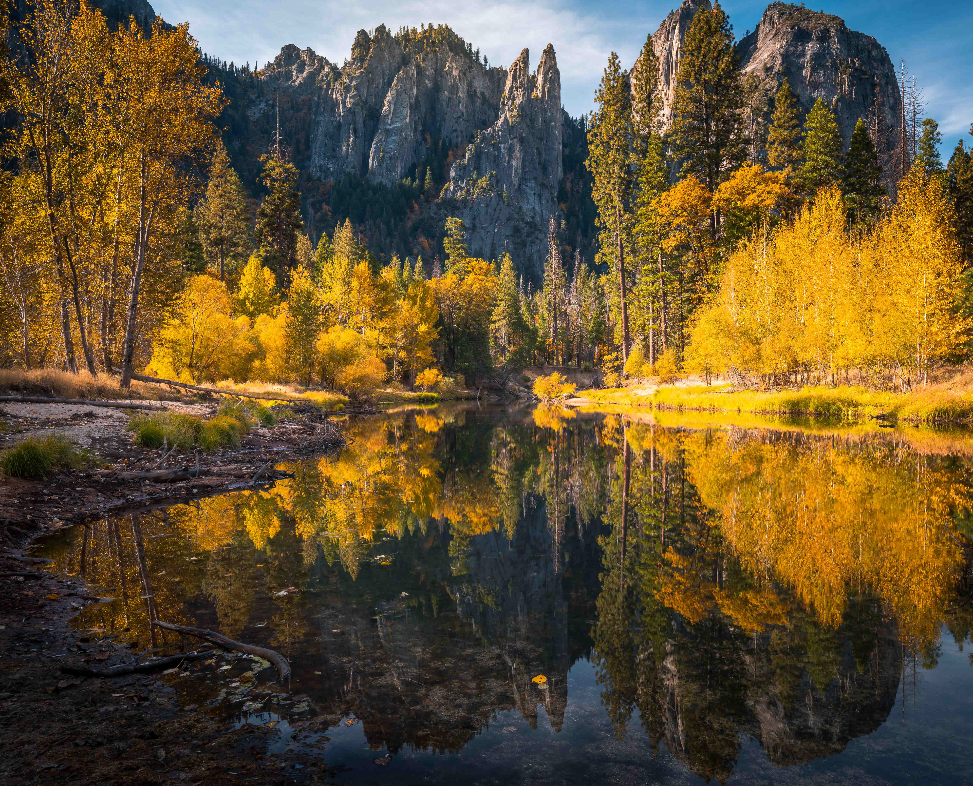 Landscape photography of fall color and reflections on Merced River in Yosemite National Park