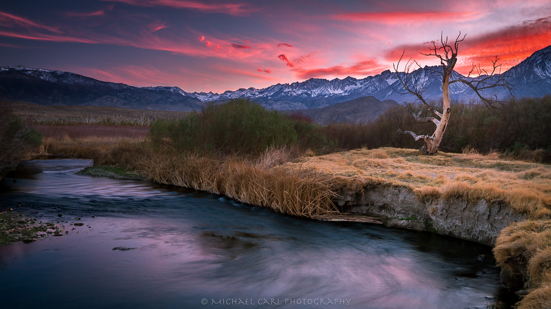 Sierra Nevada landscape photography as sunsets behind mountains along the Owens River.