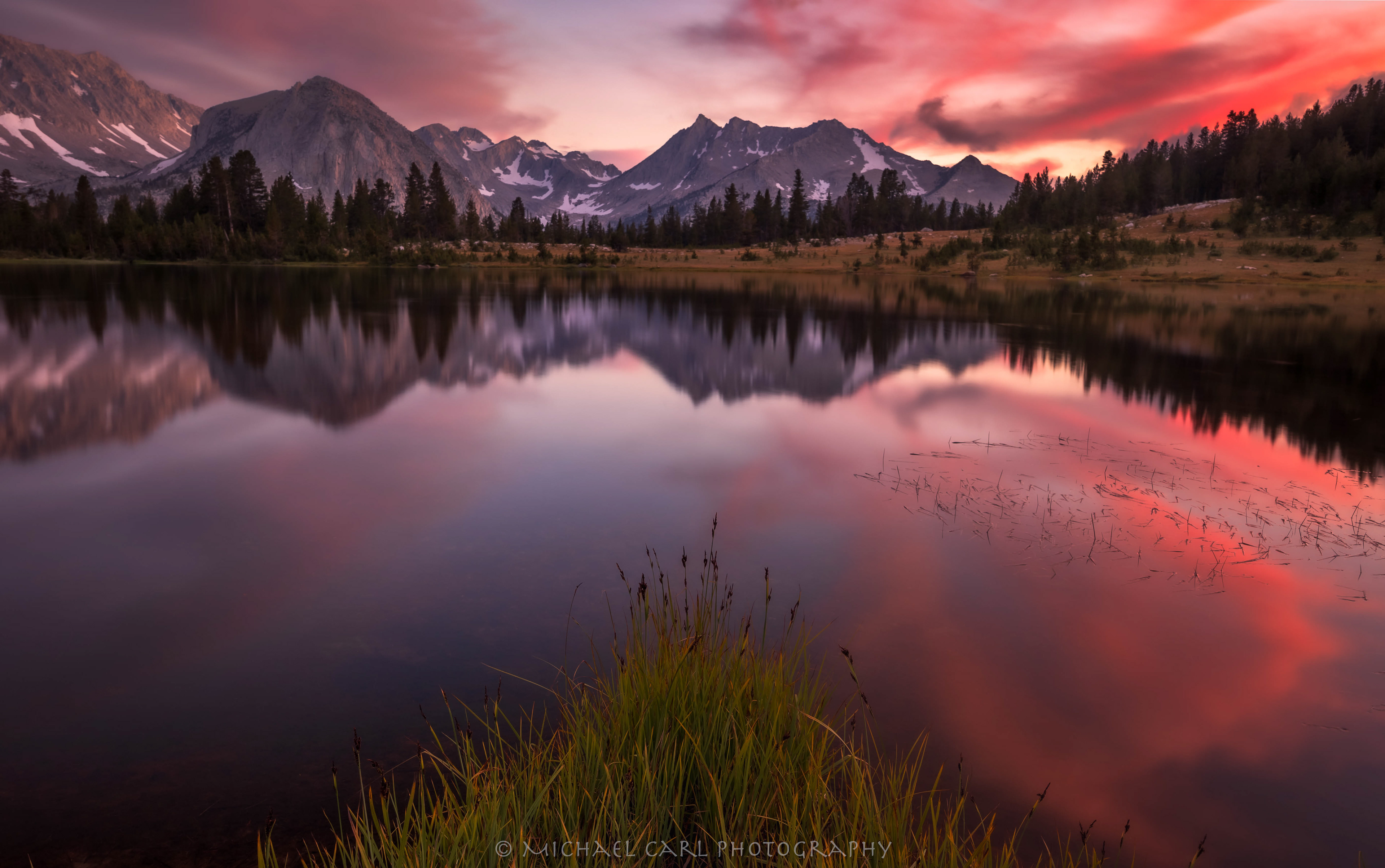 Sierra Nevada Mountains photography of alpine peaks reflecting on lake  in John Muir Wilderness