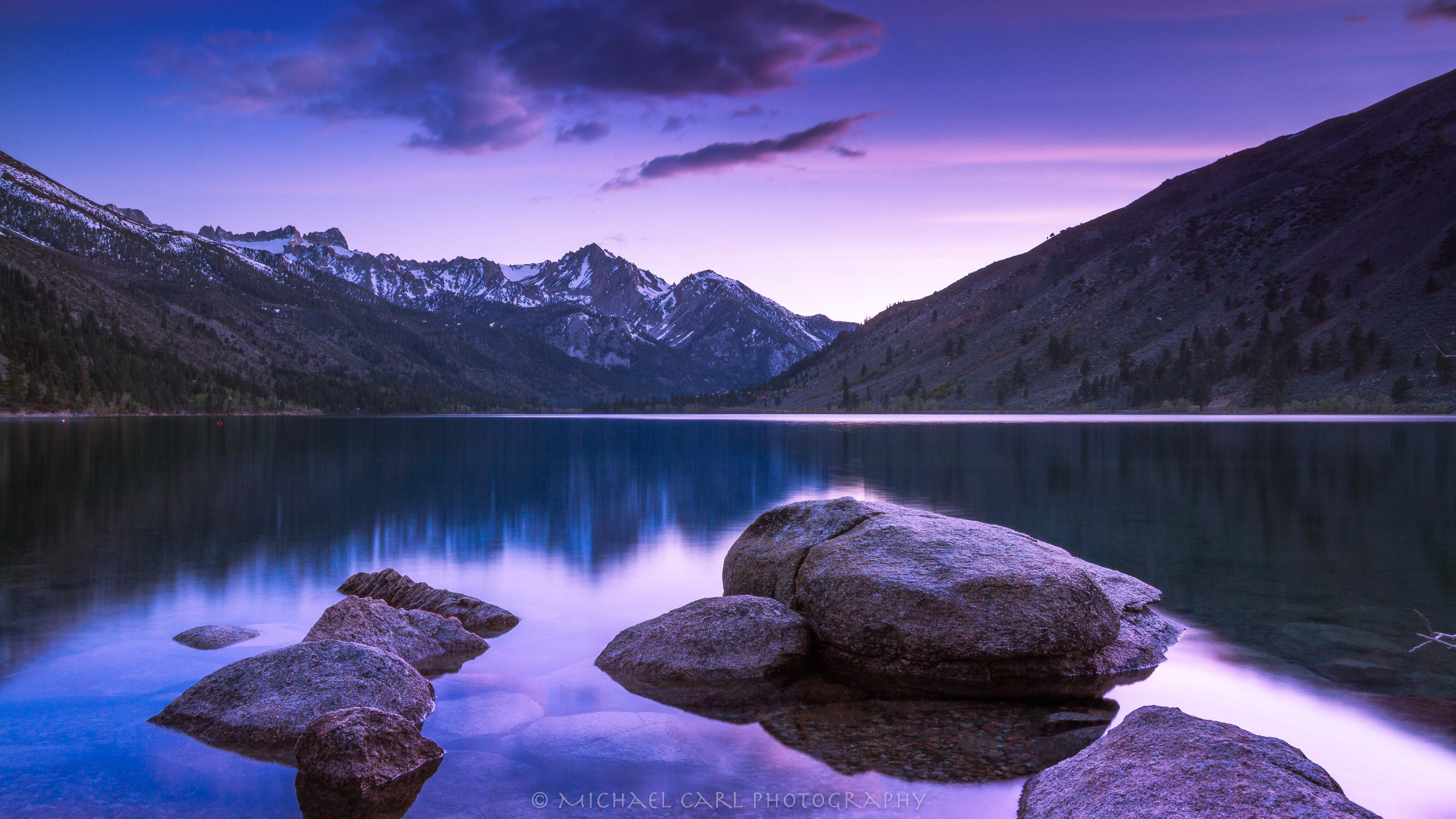 Sierra Nevada photographed just after sunset painting the landscape with Alpenglow.